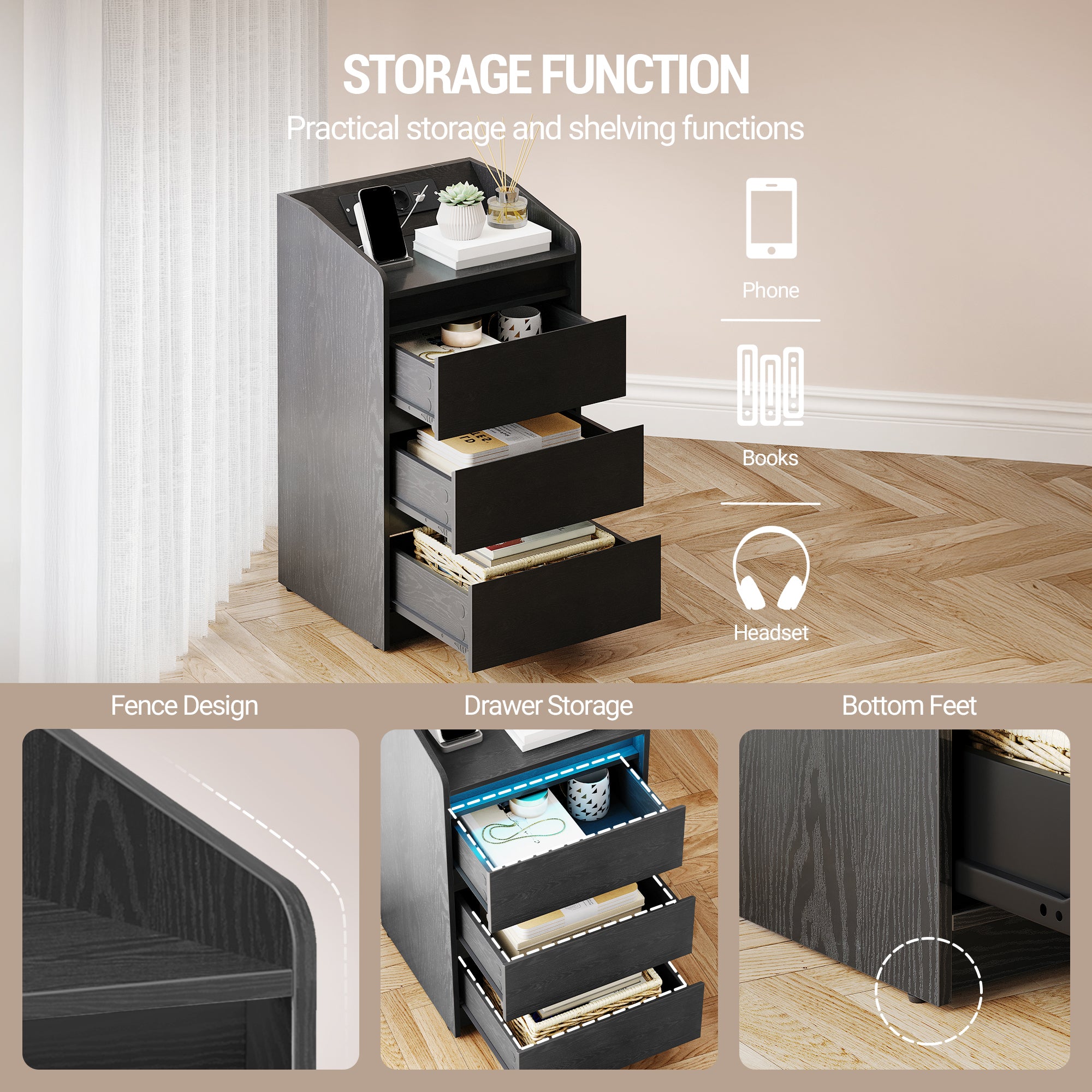 Hzuaneri NS40104X Bedside Table Set of 2 with 3 Drawers, Side Table with Charging Station and LED, 2 AC Outlets and 2 USB Ports for Bedroom, Living Room, Black NS40104X