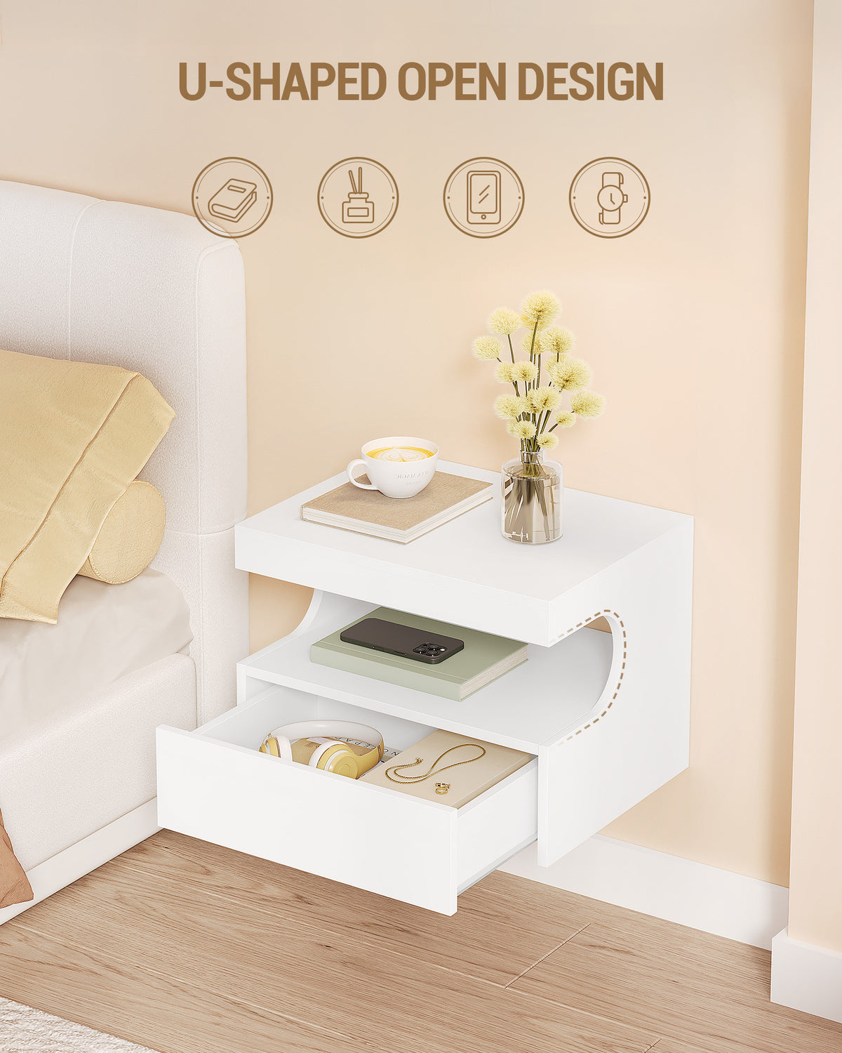 Hzuaneri Floating Bedside Tables Set of 2, Wall Mounted Bedside Cabinets, Floating Nightstand with 1 Drawer with Glides, Open Space, Modern, for Bedroom, Living Room, 30 x 40 x 29.2 cm, White NS50203X