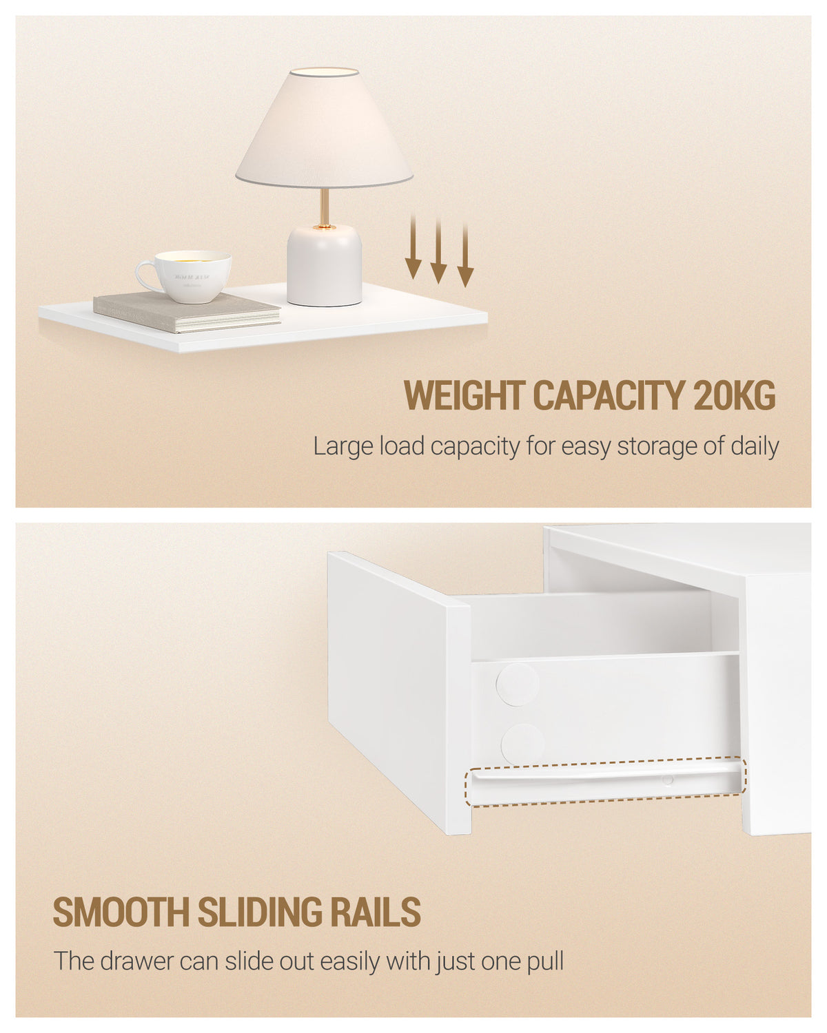 Hzuaneri Floating Bedside Tables Set of 2, Wall Mounted Bedside Cabinets, Floating Nightstand with 1 Drawer with Glides, Open Space, Modern, for Bedroom, Living Room, 30 x 40 x 29.2 cm, White NS50203X