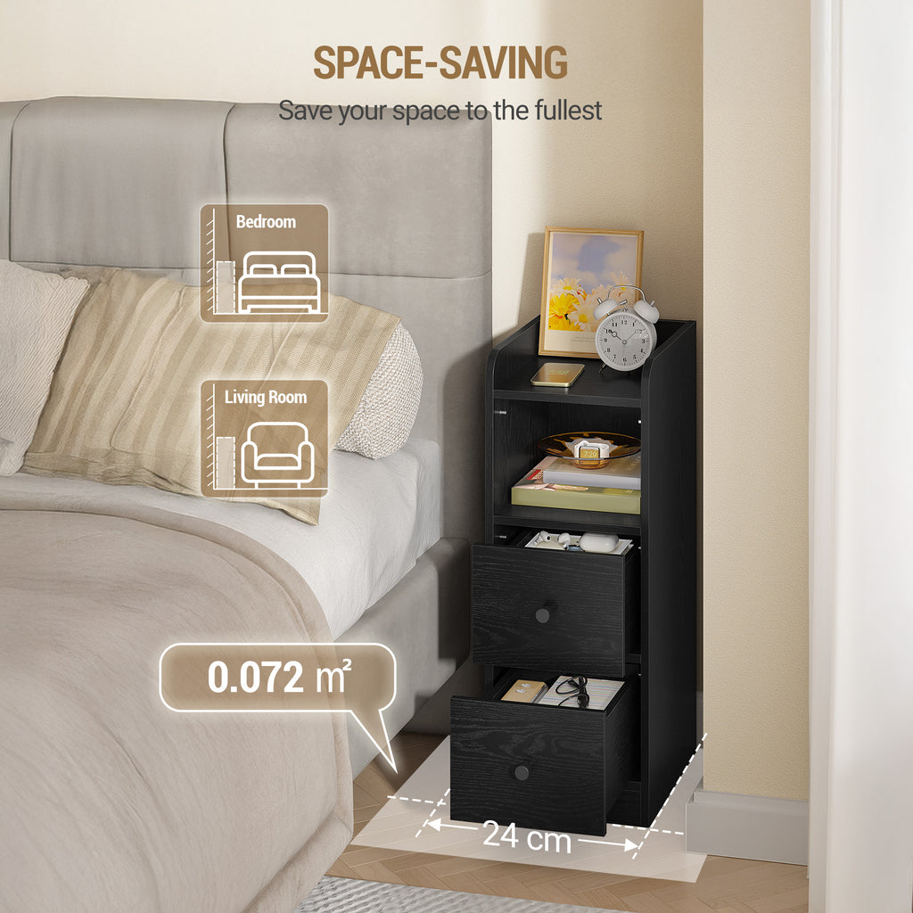 Hzuaneri Narrow Bedside Table with 2 Drawers  NS62104X Bedside Tables with Open Compartment for Narrow Spaces Bedroom Living Room 30 x 24 x 65 cm Black