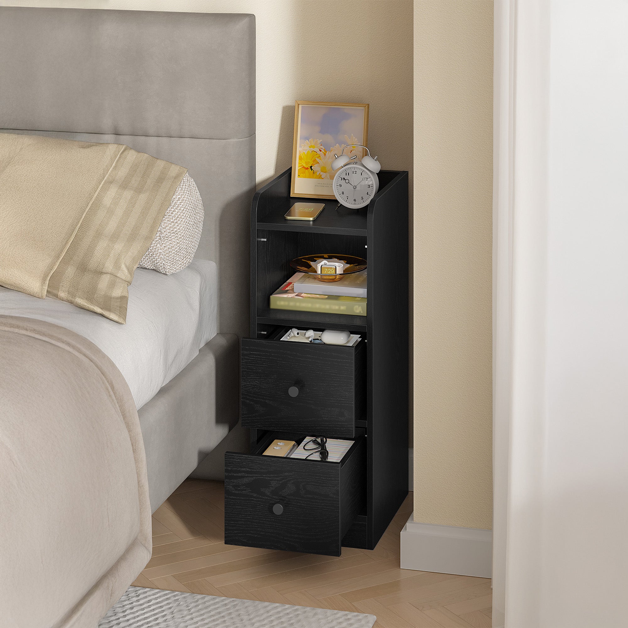 Hzuaneri Narrow Bedside Table with 2 Drawers  NS62104X Bedside Tables with Open Compartment for Narrow Spaces Bedroom Living Room 30 x 24 x 65 cm Black