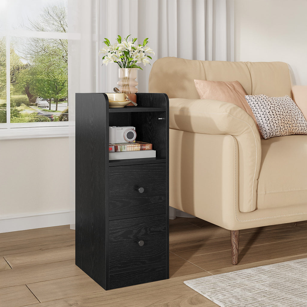 Hzuaneri Narrow Bedside Table with 2 Drawers  NS62104X Bedside Tables with Open Compartment for Narrow Spaces Bedroom Living Room 30 x 24 x 65 cm Black