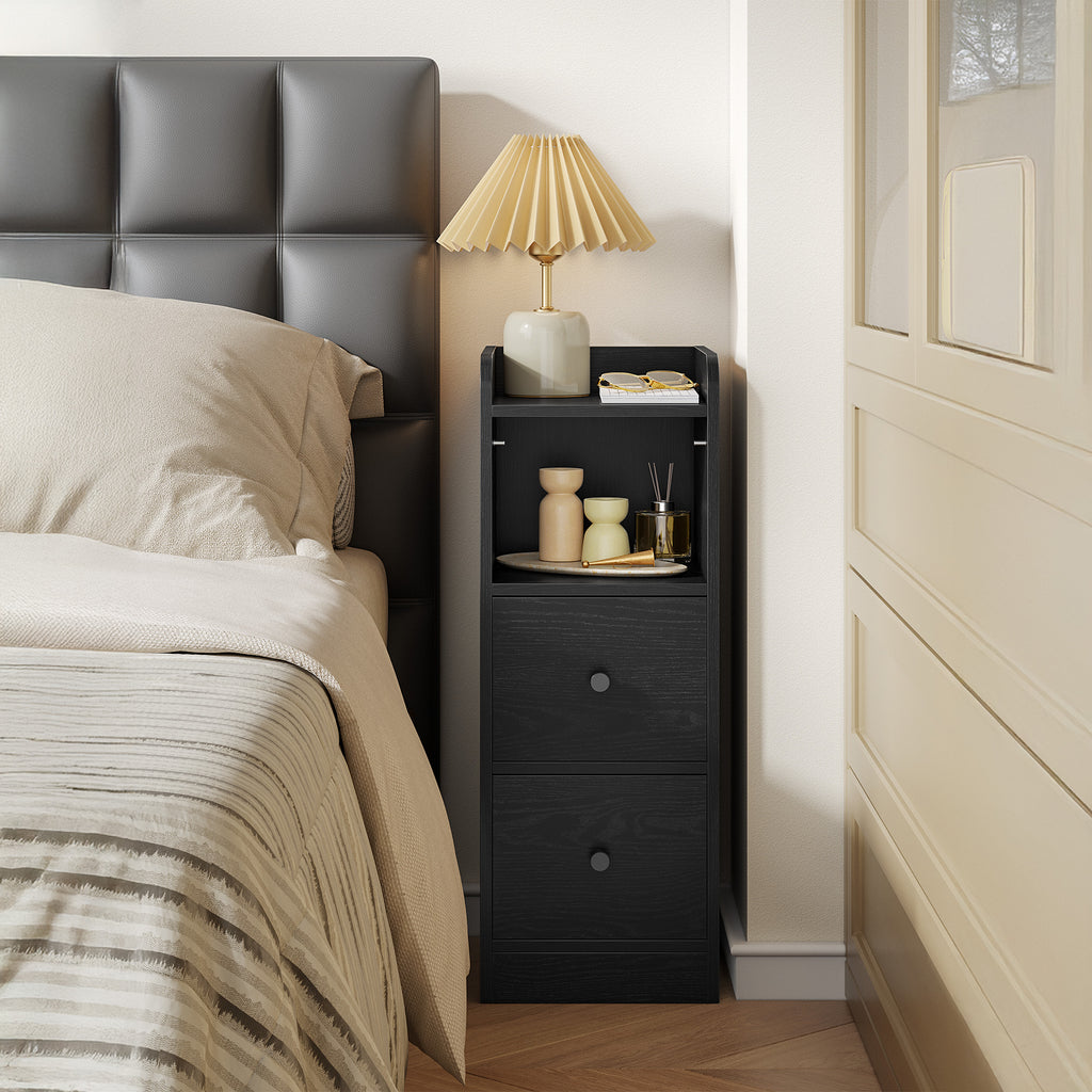 Hzuaneri Narrow Bedside Table with 2 Drawers  NS62104X Bedside Tables with Open Compartment for Narrow Spaces Bedroom Living Room 30 x 24 x 65 cm Black