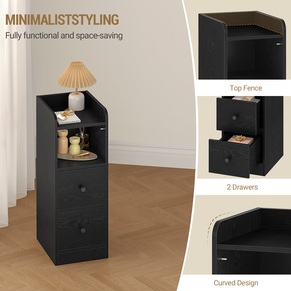 Hzuaneri Narrow Bedside Table with 2 Drawers  NS62104X Bedside Tables with Open Compartment for Narrow Spaces Bedroom Living Room 30 x 24 x 65 cm Black