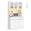 Hzuaneri Kitchen Cabinet, Sideboard, Tall Cabinet with Sockets and LED Lighting, White