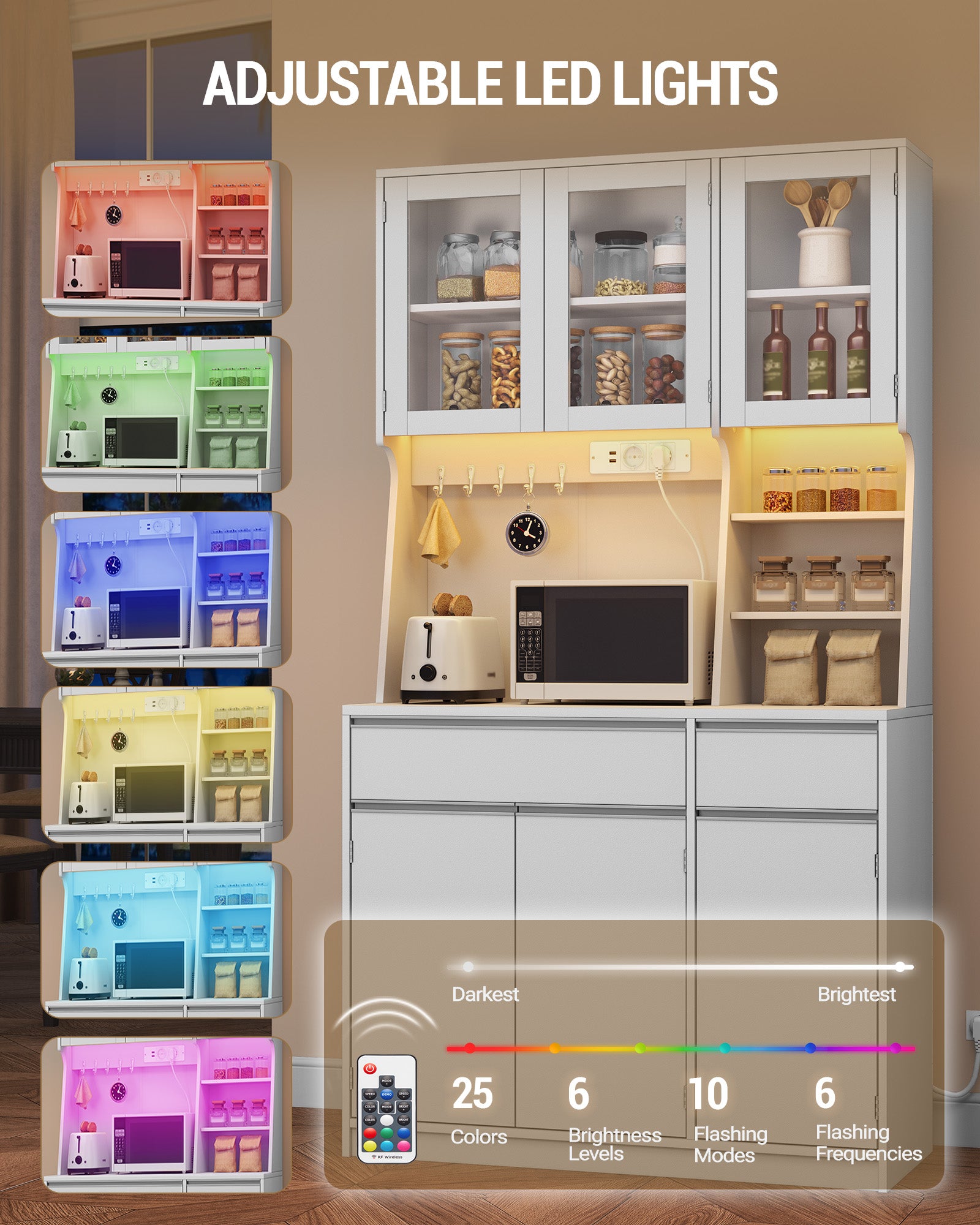 Hzuaneri Kitchen Cabinet, Sideboard, Tall Cabinet with Sockets and LED Lighting, White