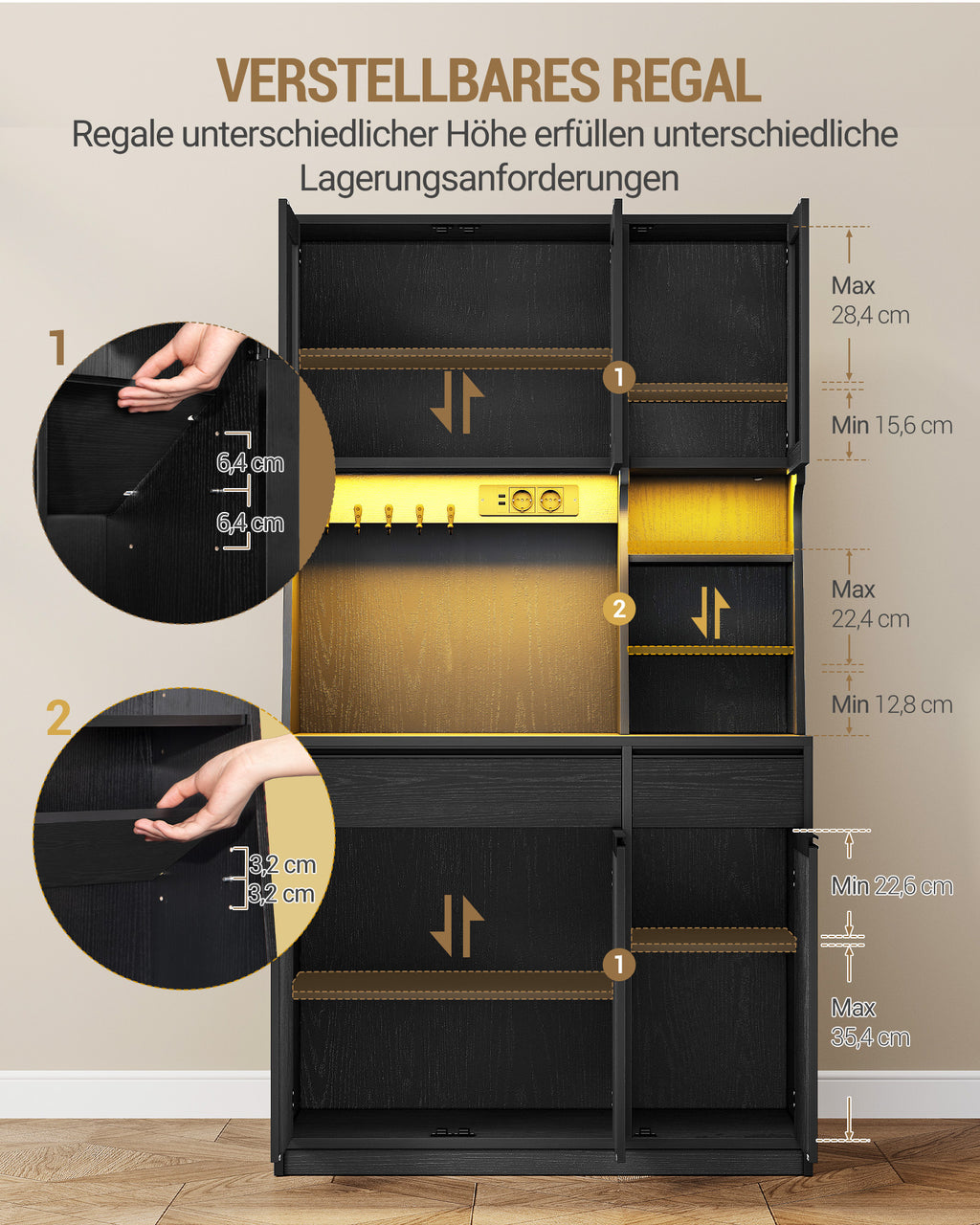 Hzuaneri kitchen cabinet, sideboard, tall cabinet with sockets and LED light strips, with worktops and two drawers, adjustable shelves, kitchen, 40 x 100 x 180 cm, black PT00104XEU