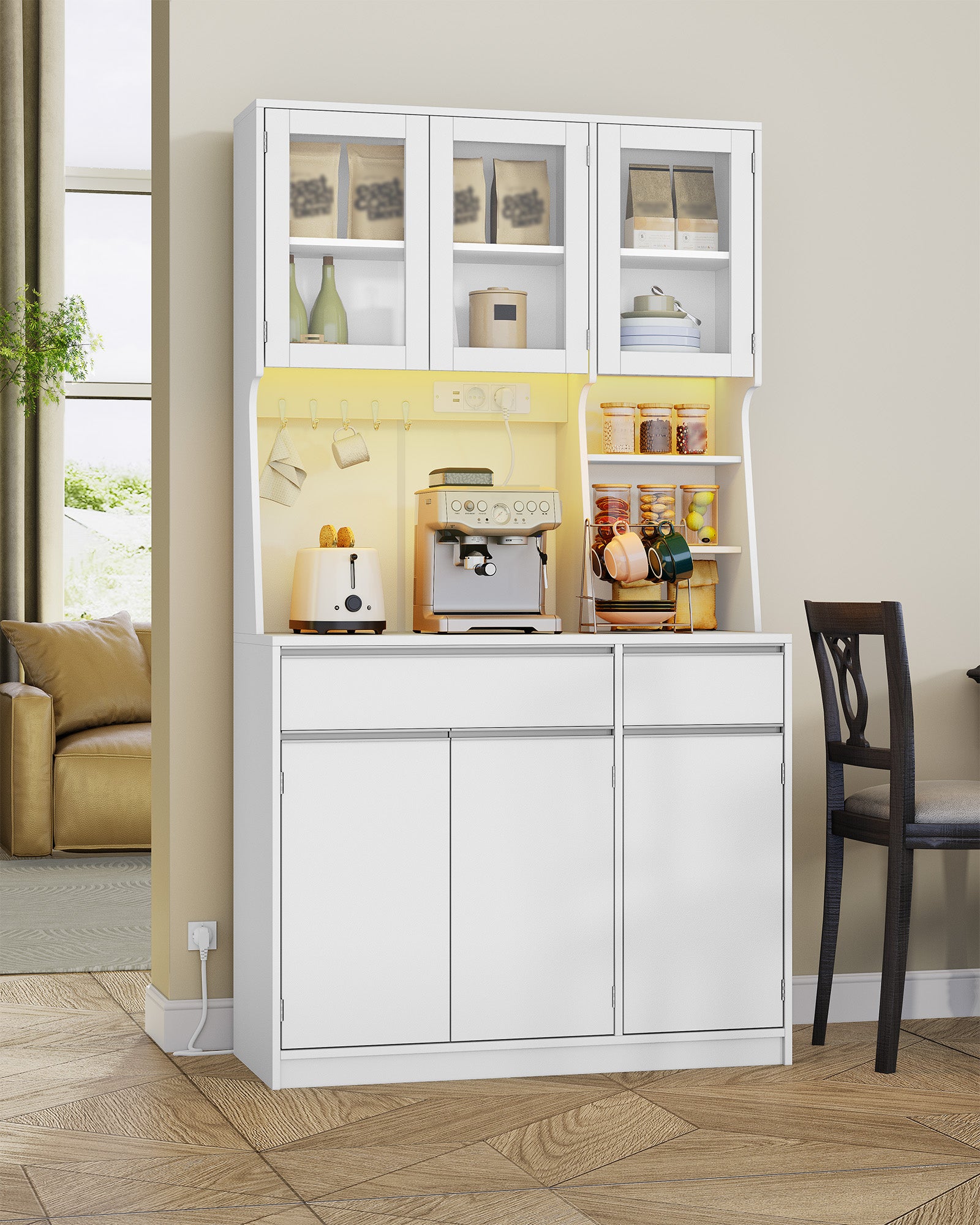 Hzuaneri Kitchen Cabinet, Sideboard, Tall Cabinet with Sockets and LED Lighting, White