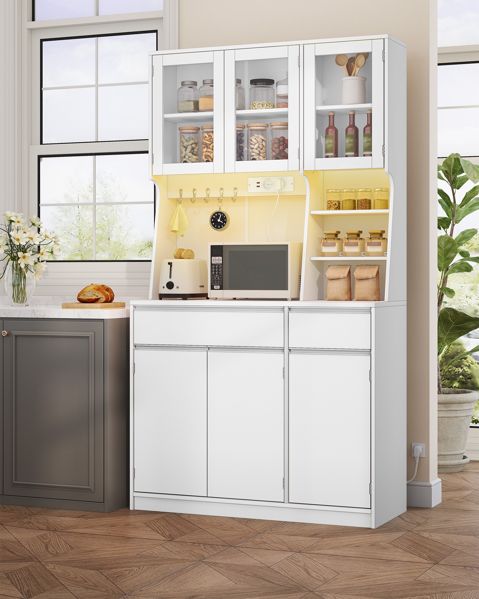 Hzuaneri Kitchen Cabinet, Sideboard, Tall Cabinet with Sockets and LED Lighting, White