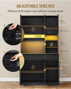 Hzuaneri kitchen cabinet, sideboard, tall cabinet with sockets and LED light strips, with worktops and two drawers, adjustable shelves, kitchen, 40 x 100 x 180 cm, black PT00104X