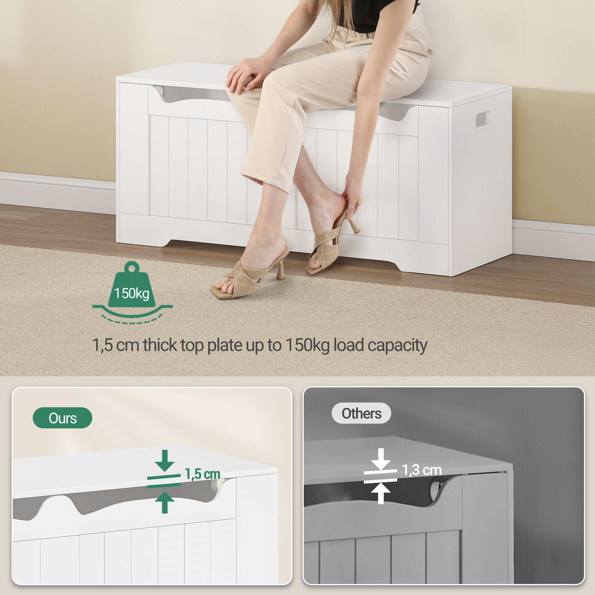 Hzuaneri Shoe Bench Storage Box, White, 40 x 110 x 48 cm SB25503X Shoe Bench with 2 Stable Hinges for Entrance, Bedroom, Living Room