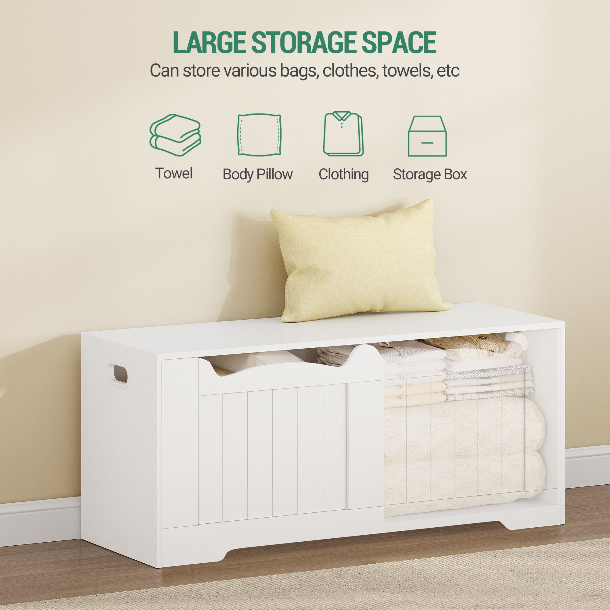 Hzuaneri Shoe Bench Storage Box, White, 40 x 110 x 48 cm SB25503X Shoe Bench with 2 Stable Hinges for Entrance, Bedroom, Living Room