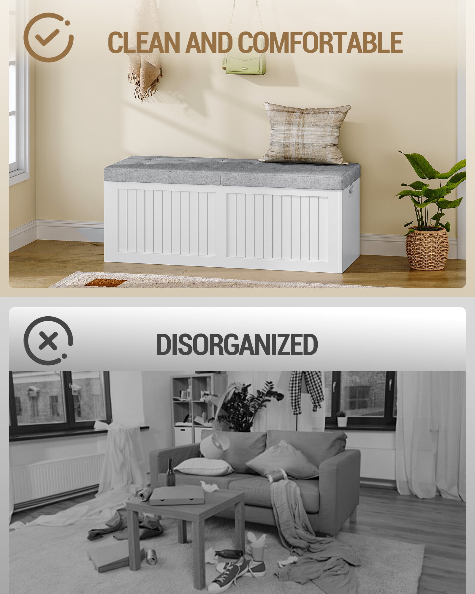 Hzuaneri Storage Chest, 109cm, Shoe Storage Bench with Seat, Large-capacity with Three Compartments, Blanket Box for Entryway, Living Room, Hallway, 40 x 109 x 44.5 cm, White-Grey SB01903GY