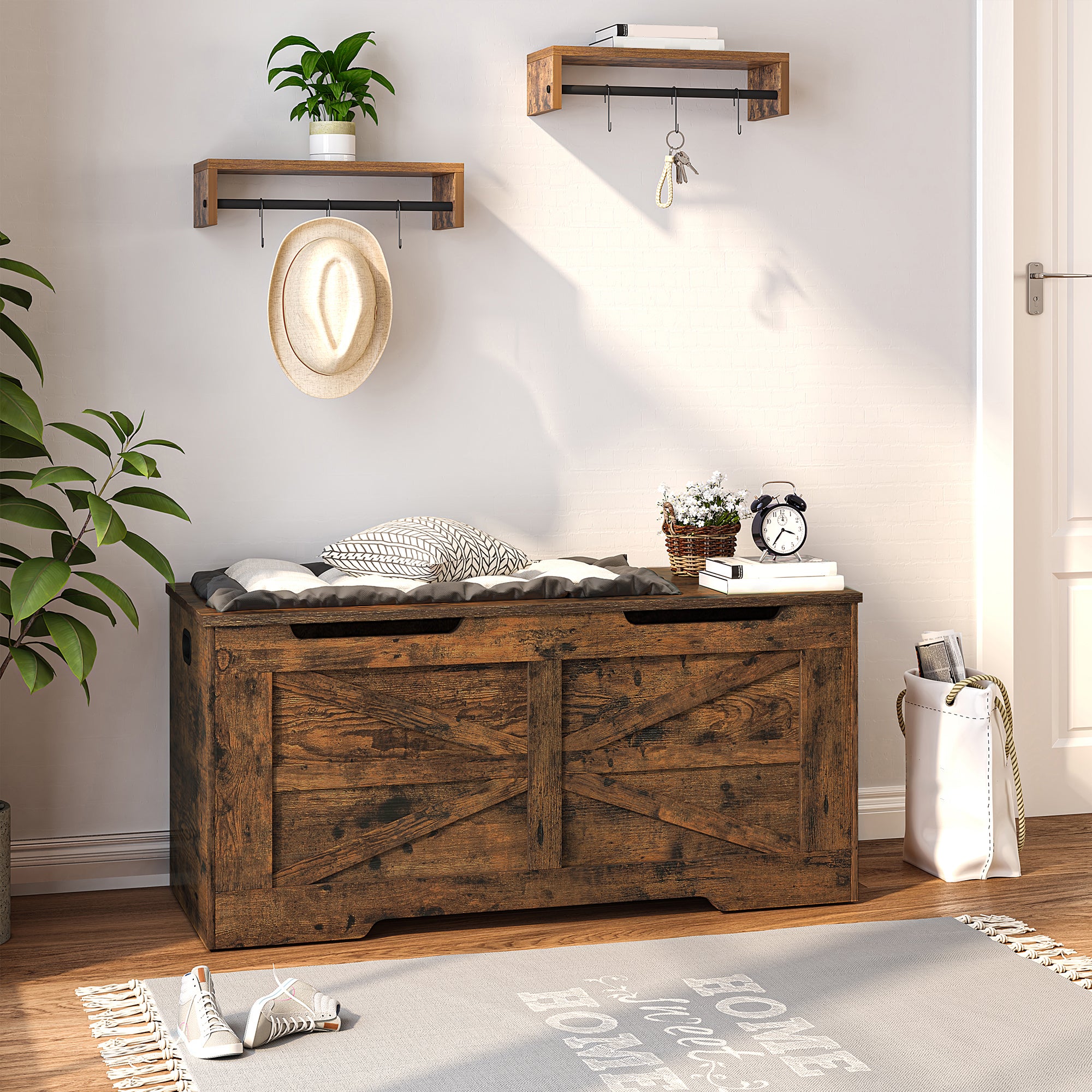 Hzuaneri Storage Chest, Storage Bench, Wooden Blanket Box Trunk with 2 Hinge, Lift-Top Organizer Chest, Shoe Bench for Hallway, Bedroom, Living Room, 40 x 100 x 48 cm, Rustic Brown SB03401X