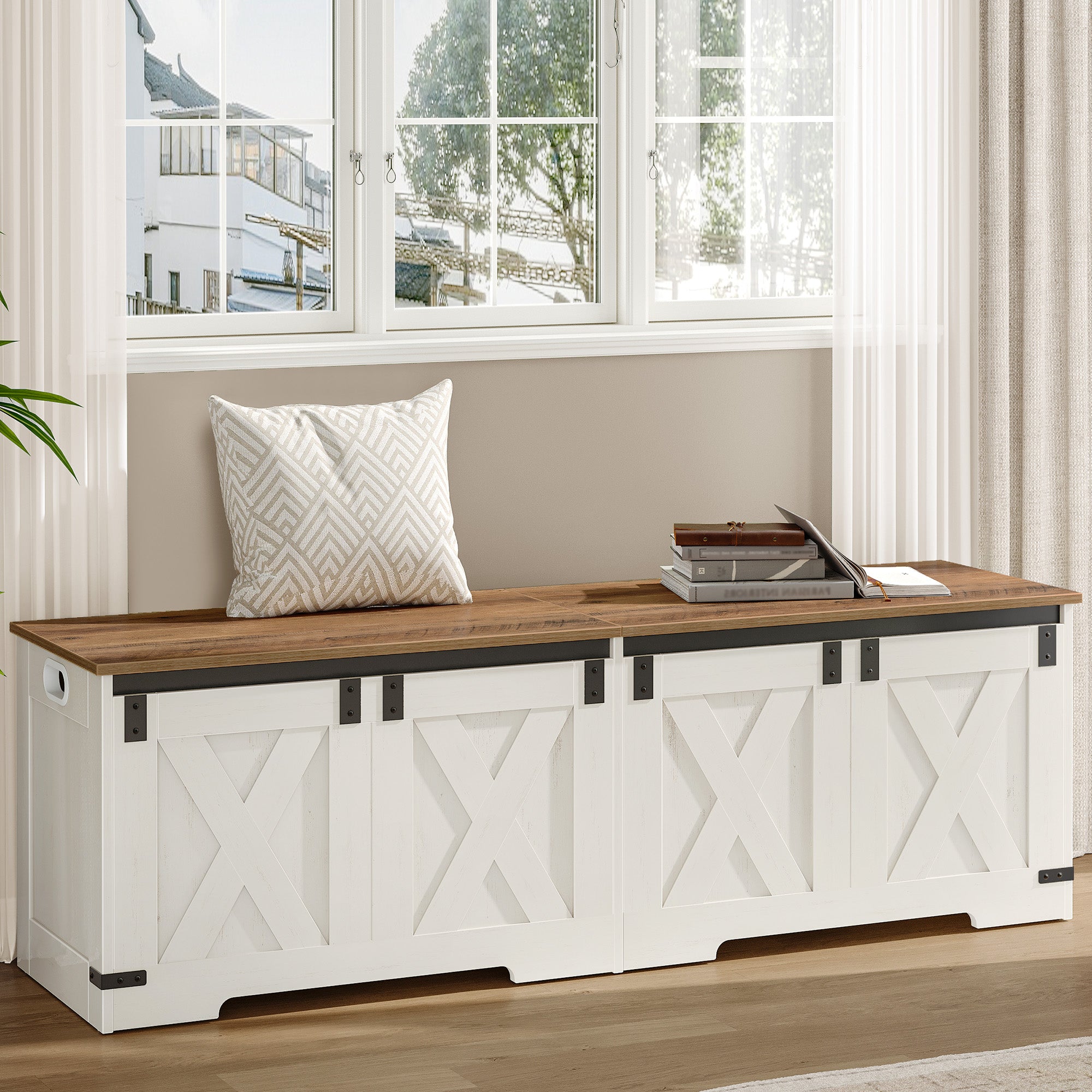 Hzuaneri Shoe Bench, Storage Cabinet, 2 Sturdy Hinges, Barn Style, 40 x 150 x 48.5 cm, Seat Chest for Entryway, Bedroom, White Brown, SB15014X