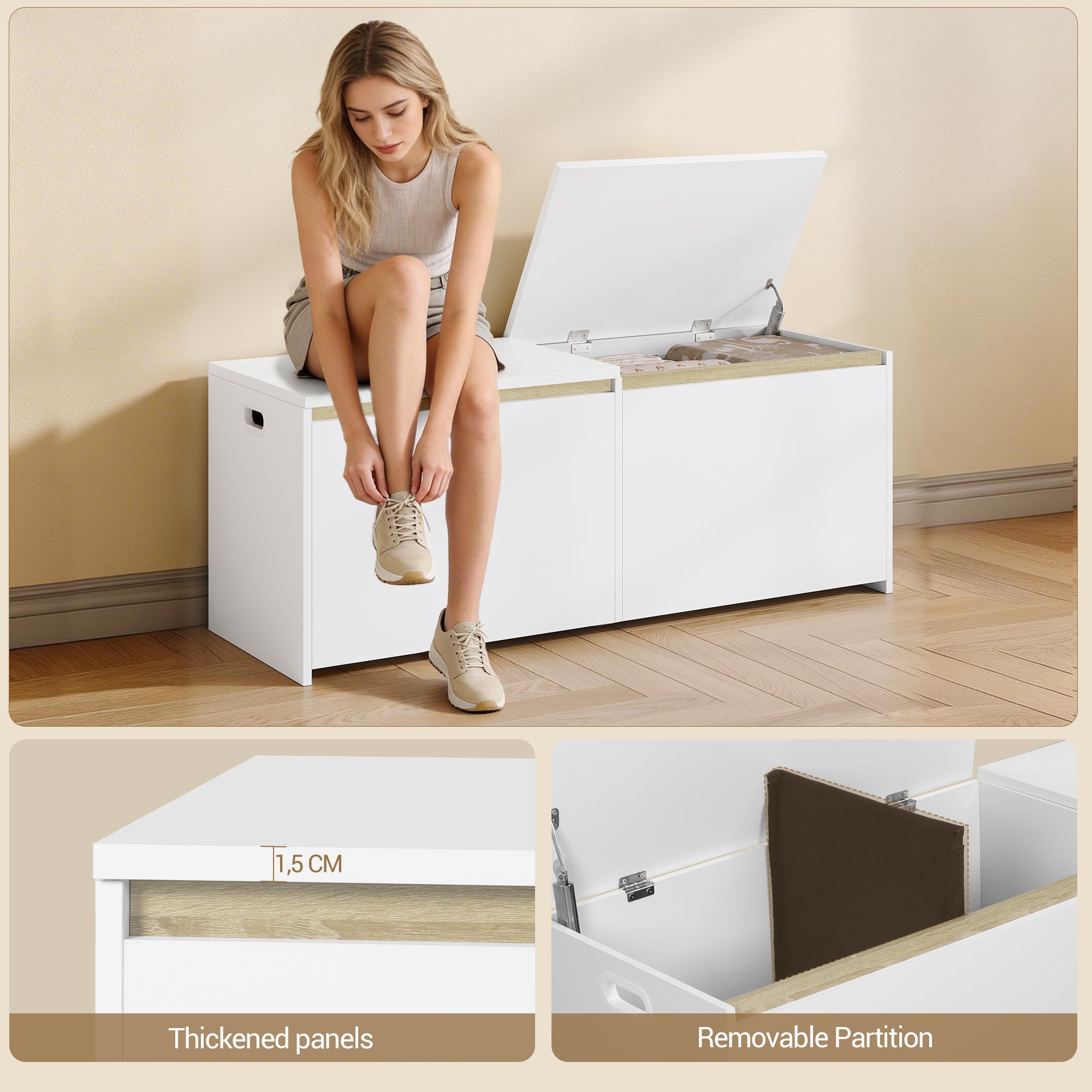 Hzuaneri Shoe Bench 120 cm White Storage Box, Space Saving, Suitable for Living Room, Hallway and Bedroom, 40 x 120 x 47 cm SB21203X