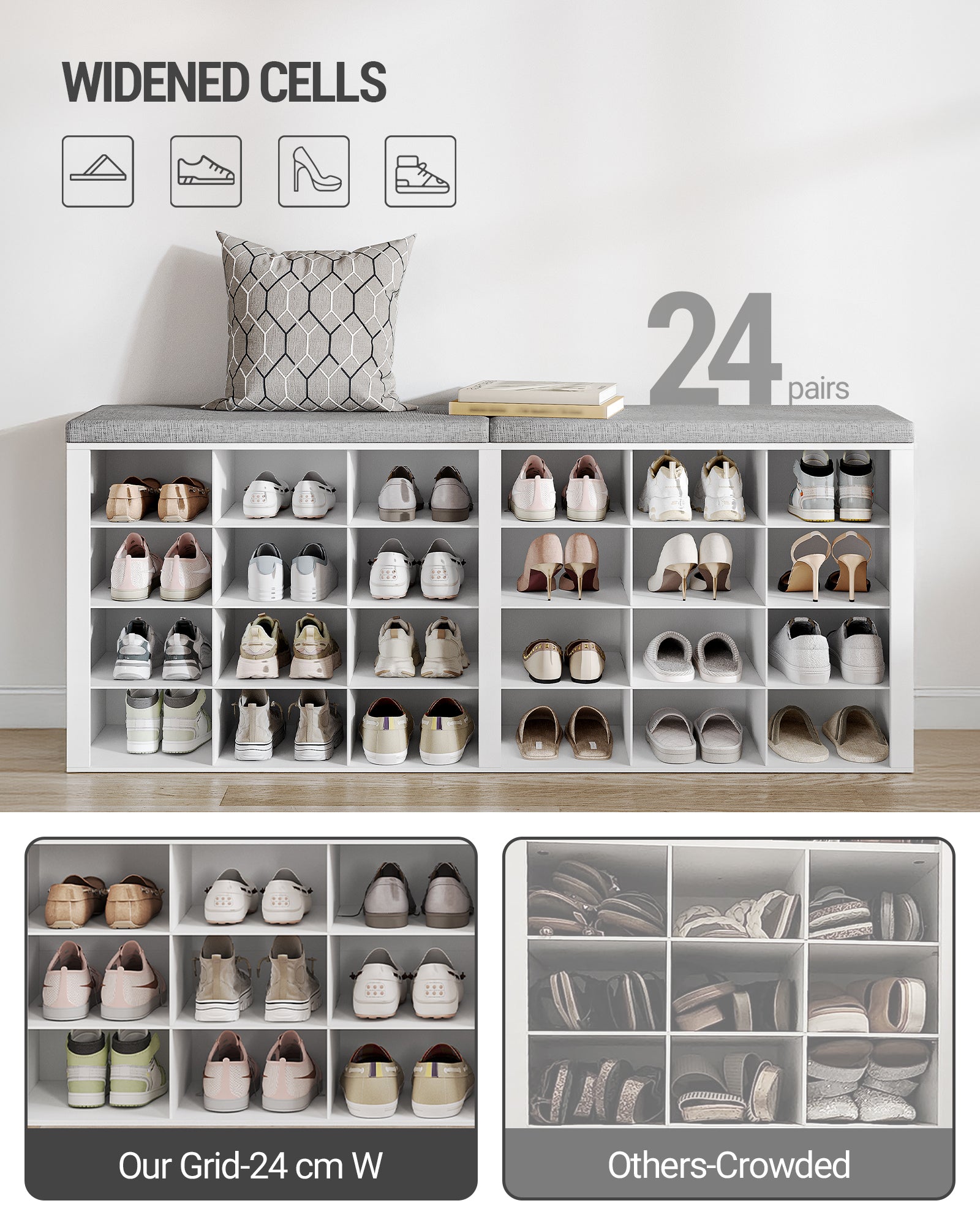 Hzuaneri Shoe Bench, Shoe Rack with Seat, Shoe Cabinet with Bench, 24 Compartments, Entrance Bench with Adjustable Shelves for Living Room, Bedroom, Hallway, White-Grey SB32403GY