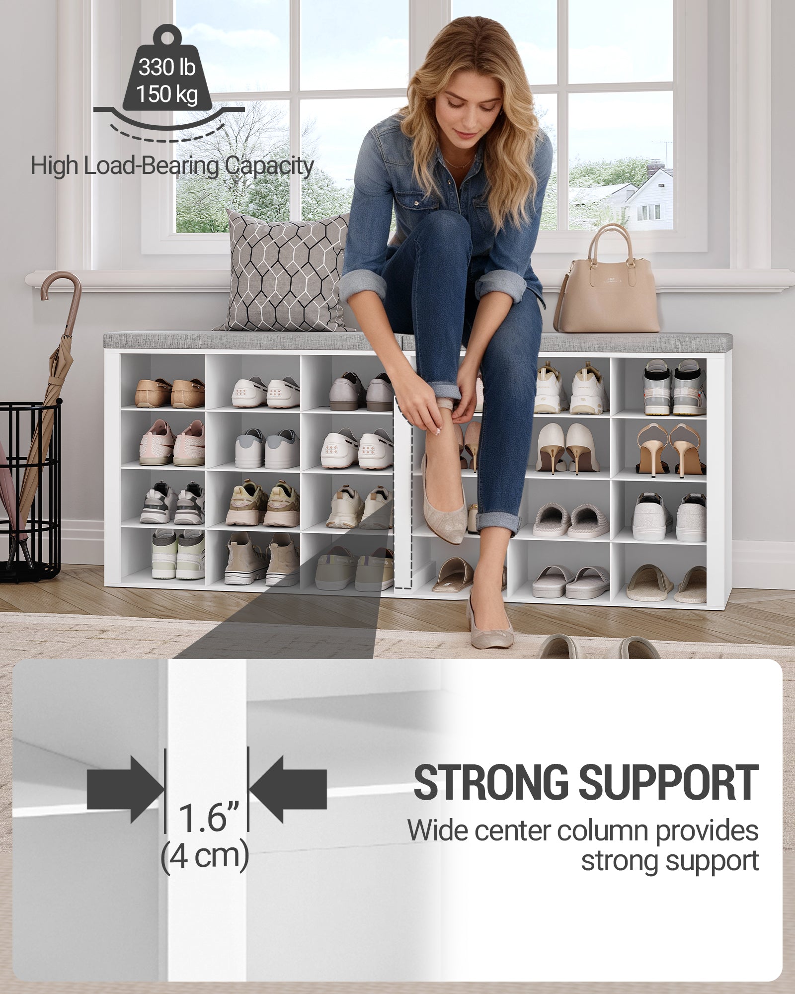 Hzuaneri Shoe Bench, Shoe Rack with Seat, Shoe Cabinet with Bench, 24 Compartments, Entrance Bench with Adjustable Shelves for Living Room, Bedroom, Hallway, White-Grey SB32403GY