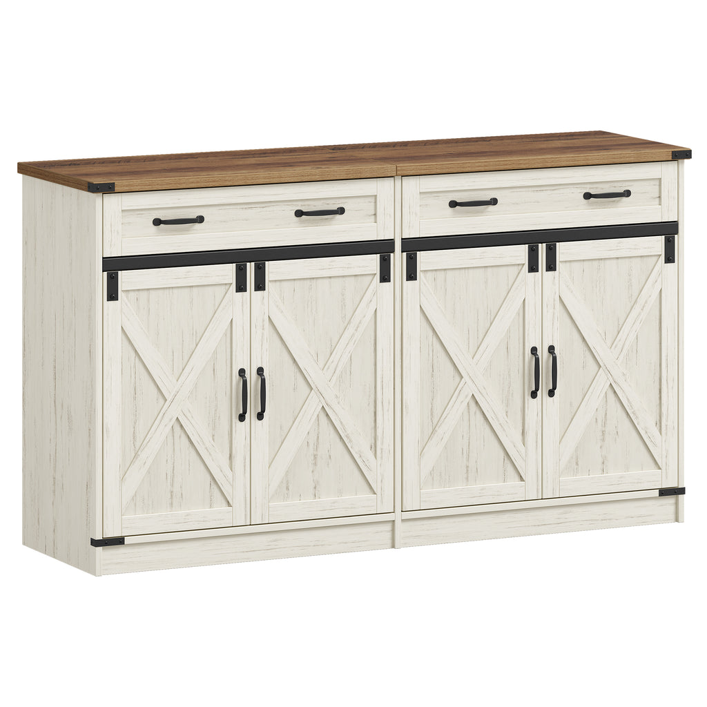 Hzuaneri Sideboard, Buffet Cabinet with 2 Drawers, 4 Doors SC94814X Kitchen Cabinet Country Style Kitchen Living Room 40 x 140 x 80 cm Vintage White Honey Brown