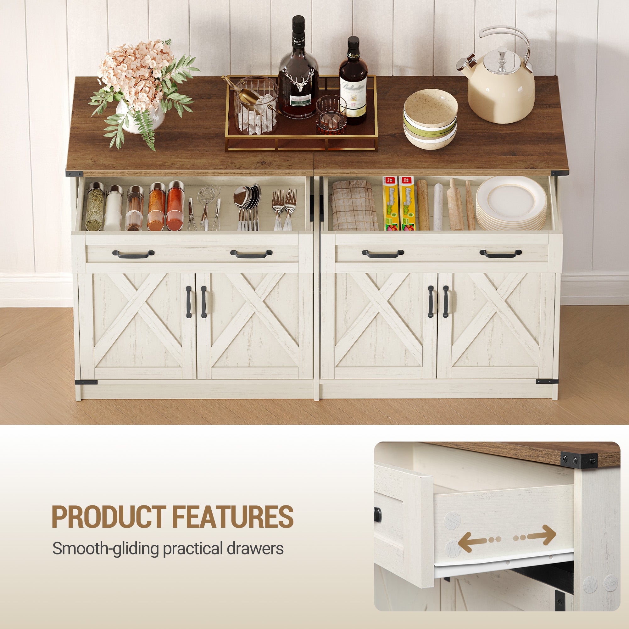 Hzuaneri Sideboard, Buffet Cabinet with 2 Drawers, 4 Doors SC94814X Kitchen Cabinet Country Style Kitchen Living Room 40 x 140 x 80 cm Vintage White Honey Brown