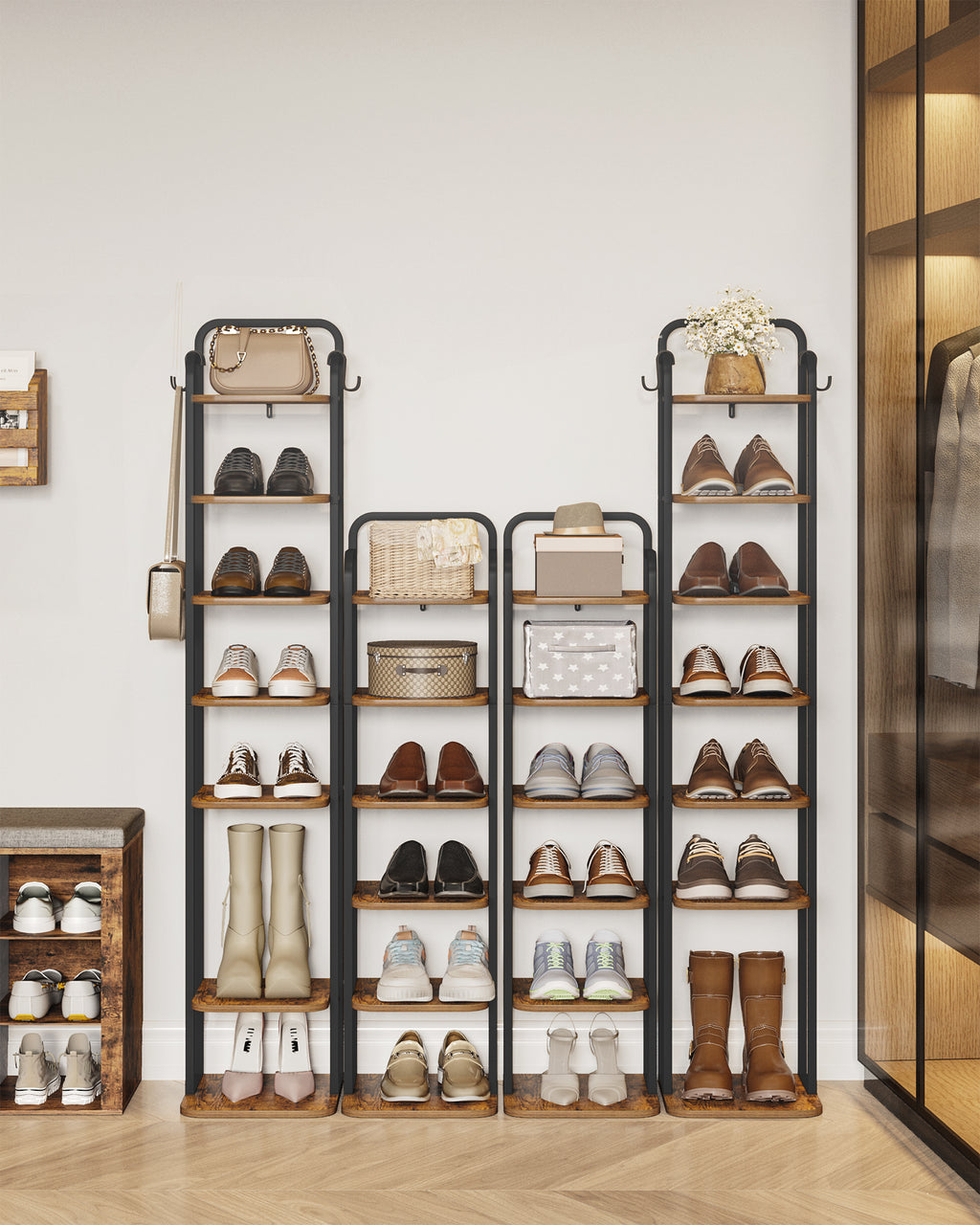 Hzuaneri Vertical Shoe Rack, 6-Tier Shoe Shelves, Wooden Shoe Organizer for Closet, Entryway, Rustic Brown and Black