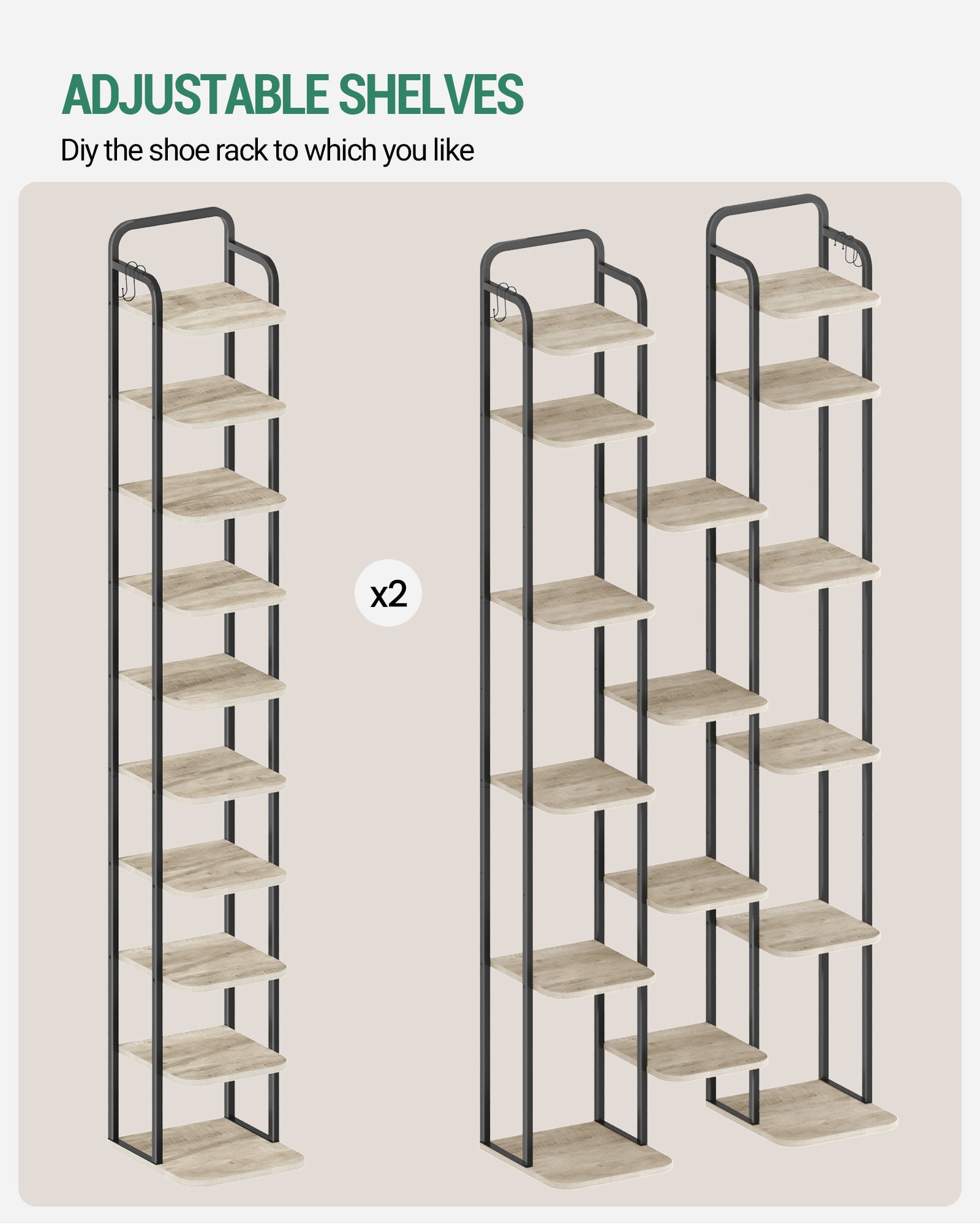 Hzuaneri 10-Tier Vertical Shoe Rack, Narrow Shoe Tower, High Shoe Rack with 2 Hooks, Adjustable Shelf, Small Space, Corner Shoe Rack, Entrance Passage, Living Room Greige SR11205B