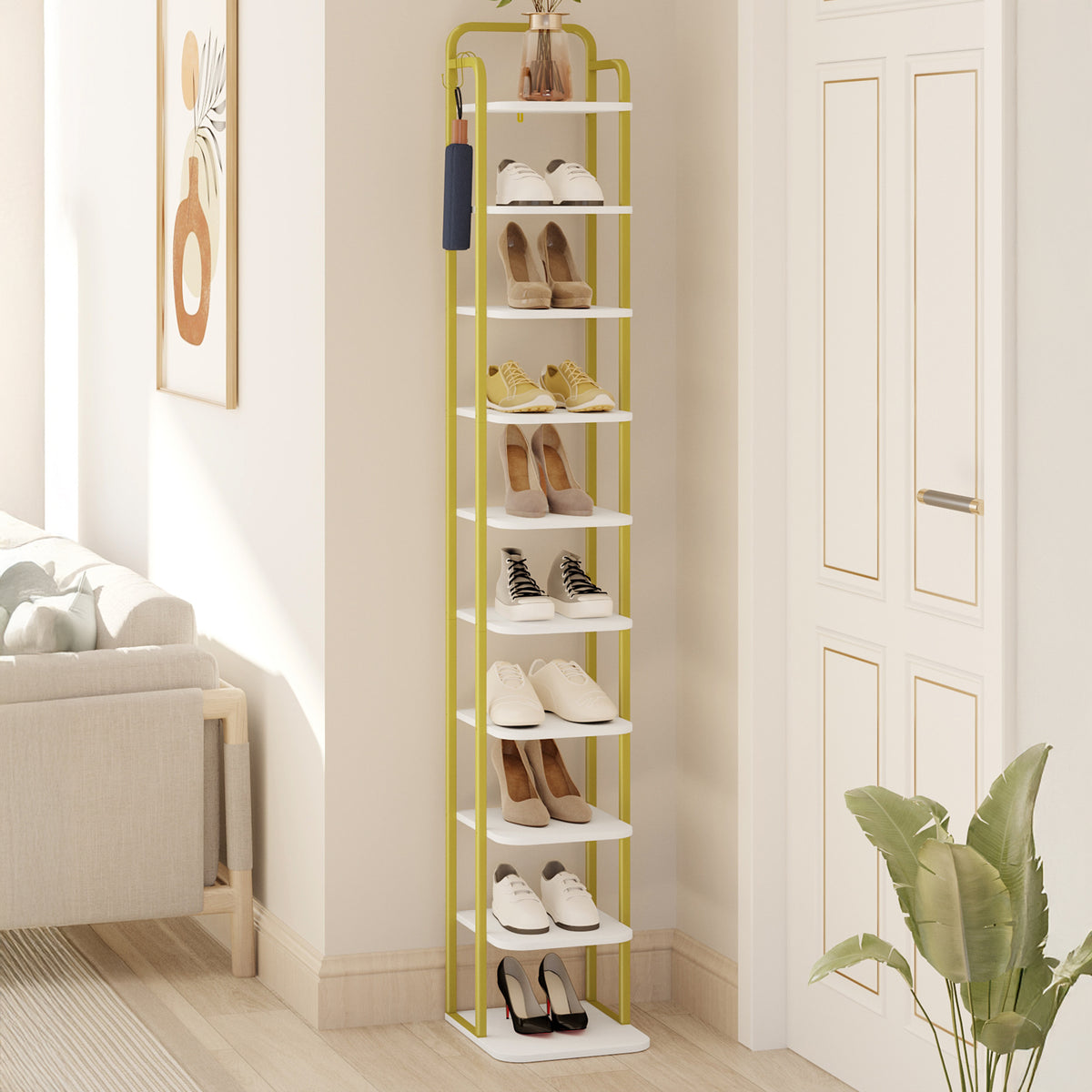 Hzuaneri 10-Tier Vertical Shoe Rack, Tall Shoe Organizer with 2 Hooks, Wooden Shoe Tower for Entryway, Hallway, Closet Space Saving, Free Standing, Black