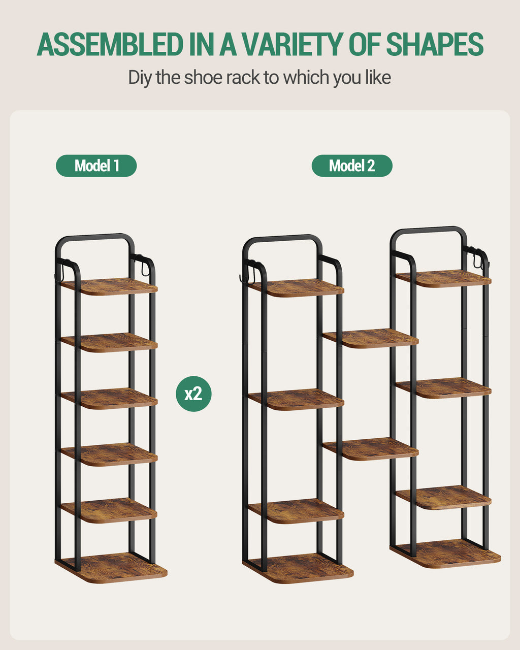 Hzuaneri Vertical Shoe Rack, 6-Tier Shoe Shelves, Wooden Shoe Organizer for Closet, Entryway, Rustic Brown and Black