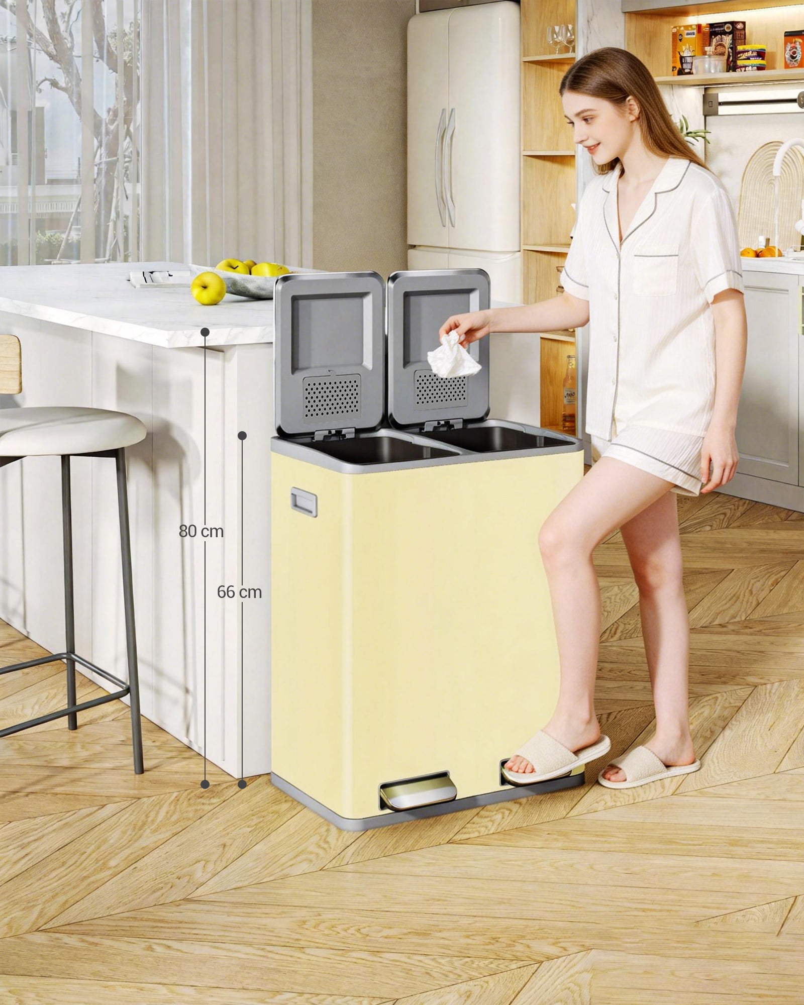 Hzuaneri Kitchen Trash Can, 2 x 30 L, 2-Compartment Waste Separation System 60 L, Stainless Steel Kitchen Trash Can, Pedal Bin, Quiet Slow-Descending Waste Bin, with 15 Exclusive Waste Bags, Beige SW06099Y