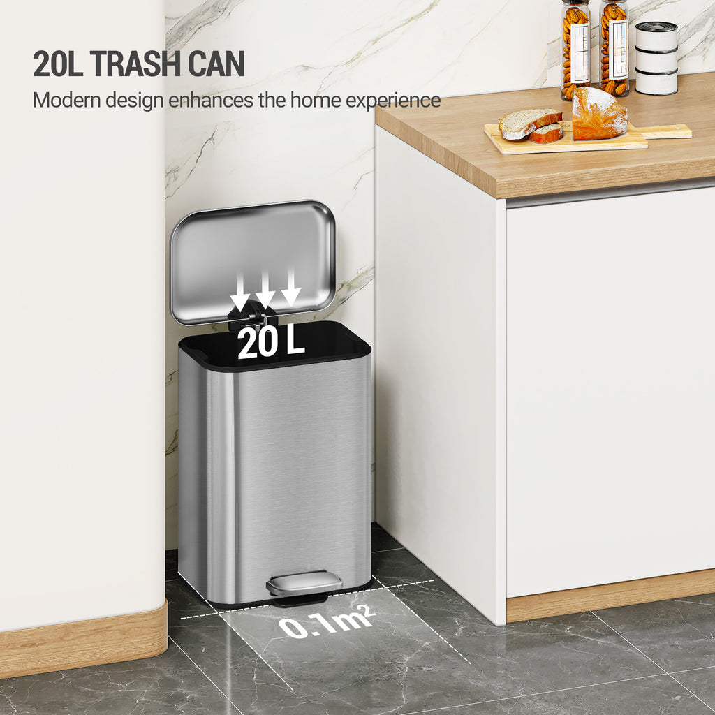 Hzuaneri Kitchen Rubbish Bin, 20 L Waste Bin with Pedal Pedal with Softclose Lid and Inner Bin, Kitchen Rubbish Bin with 15 Bin Liners, Steel, Silver SW12099B