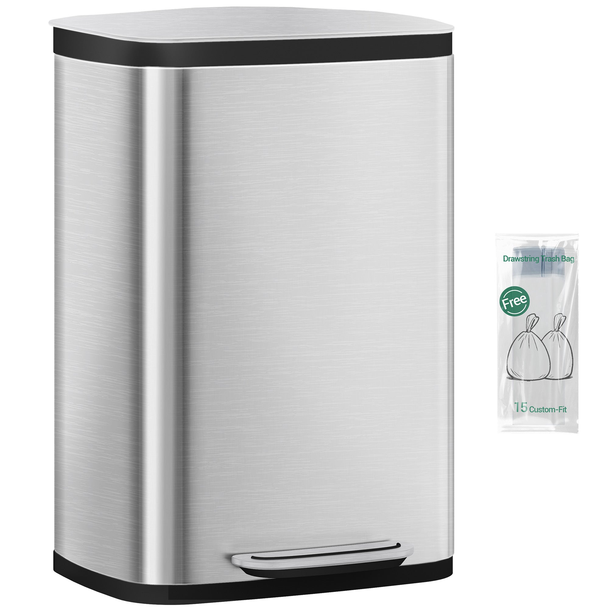 Hzuaneri 50L Kitchen Bin, Steel Pedal Bin with Soft-Close Lid, Inner Bucket, with 15 Bin Bags, Soft Close and Stay Open, Silver SW15099E