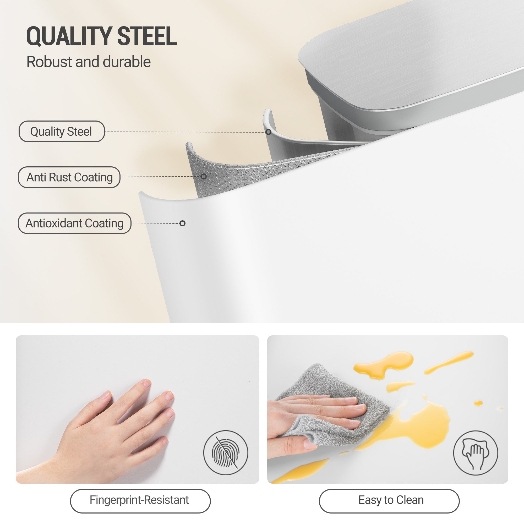 Hzuaneri Kitchen Bin 50 L, Pedal Bin with Soft-Close Lid, Stainless Steel Rubbish Bin with Handle, Removable Inner Buckets, 15 Inner Buckets, White SW15099W