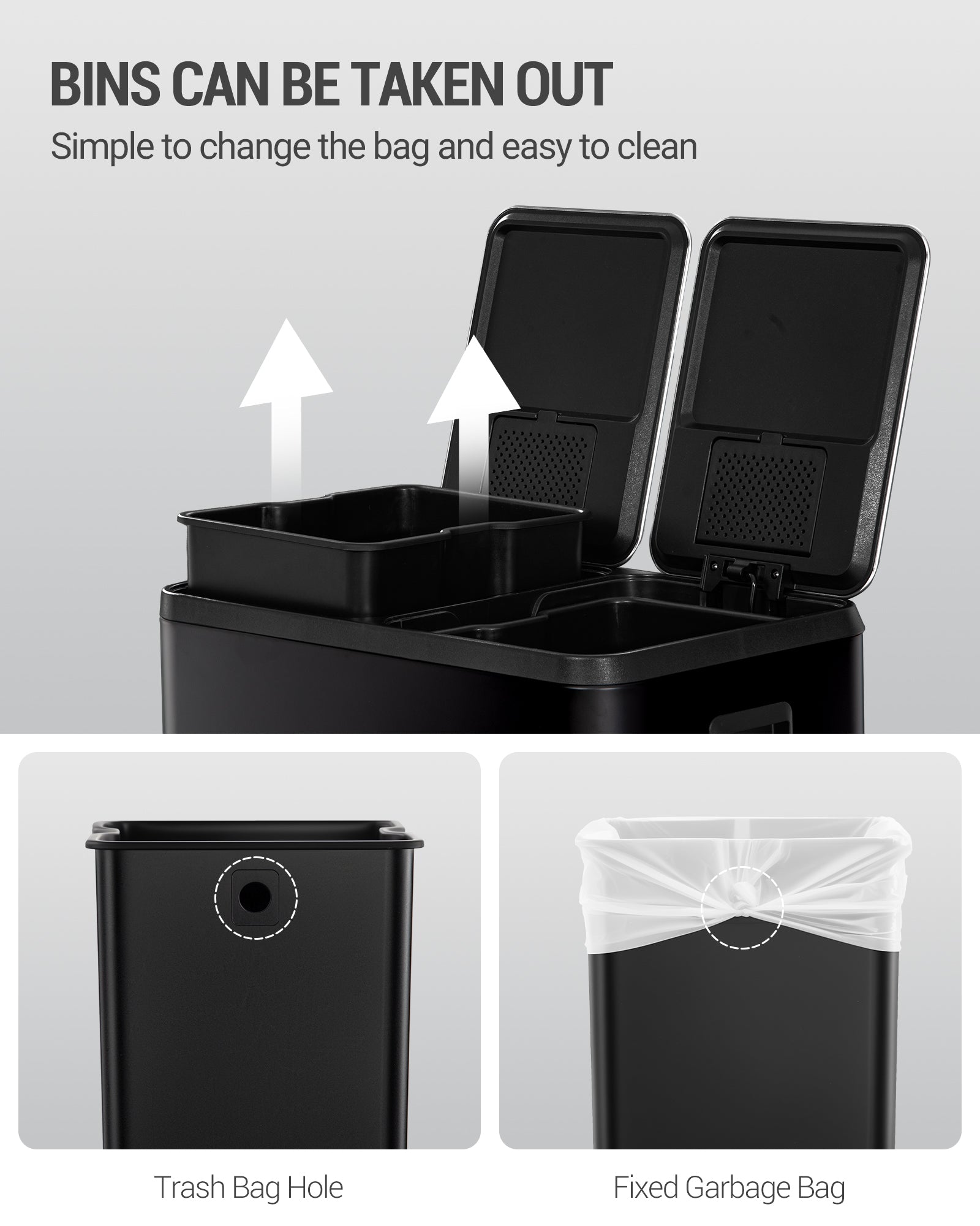 Hzuaneri Kitchen Rubbish Bin, Waste Separation System, 2 Compartments, 60 L (2 x 30 L), Stainless Steel Kitchen Rubbish Bin, Pedal Bin with Colour-Coded Pedals, Rubbish Bin, Quiet Slow Descent, Black SW23099B