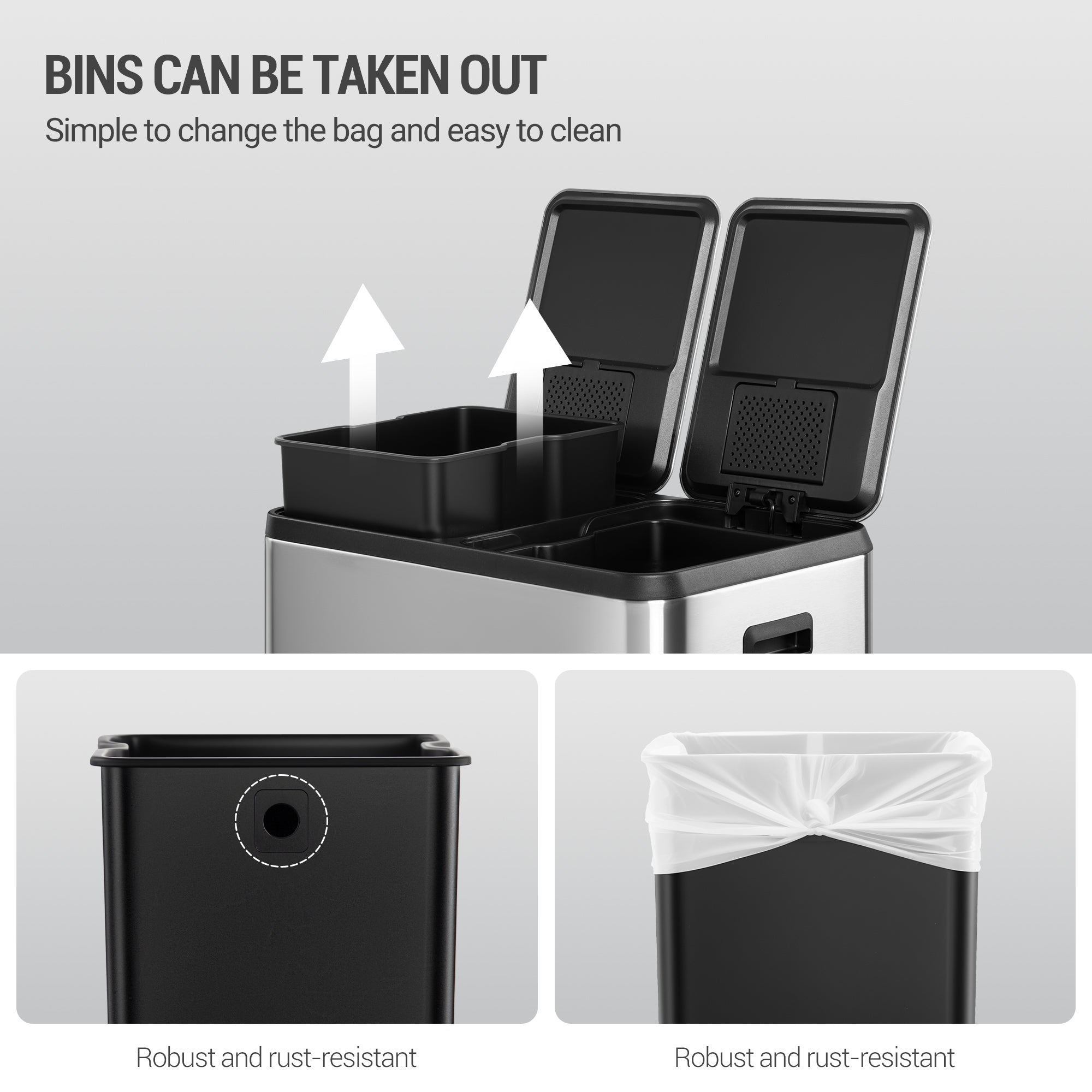 Hzuaneri Kitchen Rubbish Bin, Waste Separation System, 2 Compartments, 60 L (2 x 30 L), Stainless Steel Kitchen Rubbish Bin, Pedal Bin with Colour-Coded Pedals, Rubbish Bin, Quiet Slow Descent, Silver SW23099E
