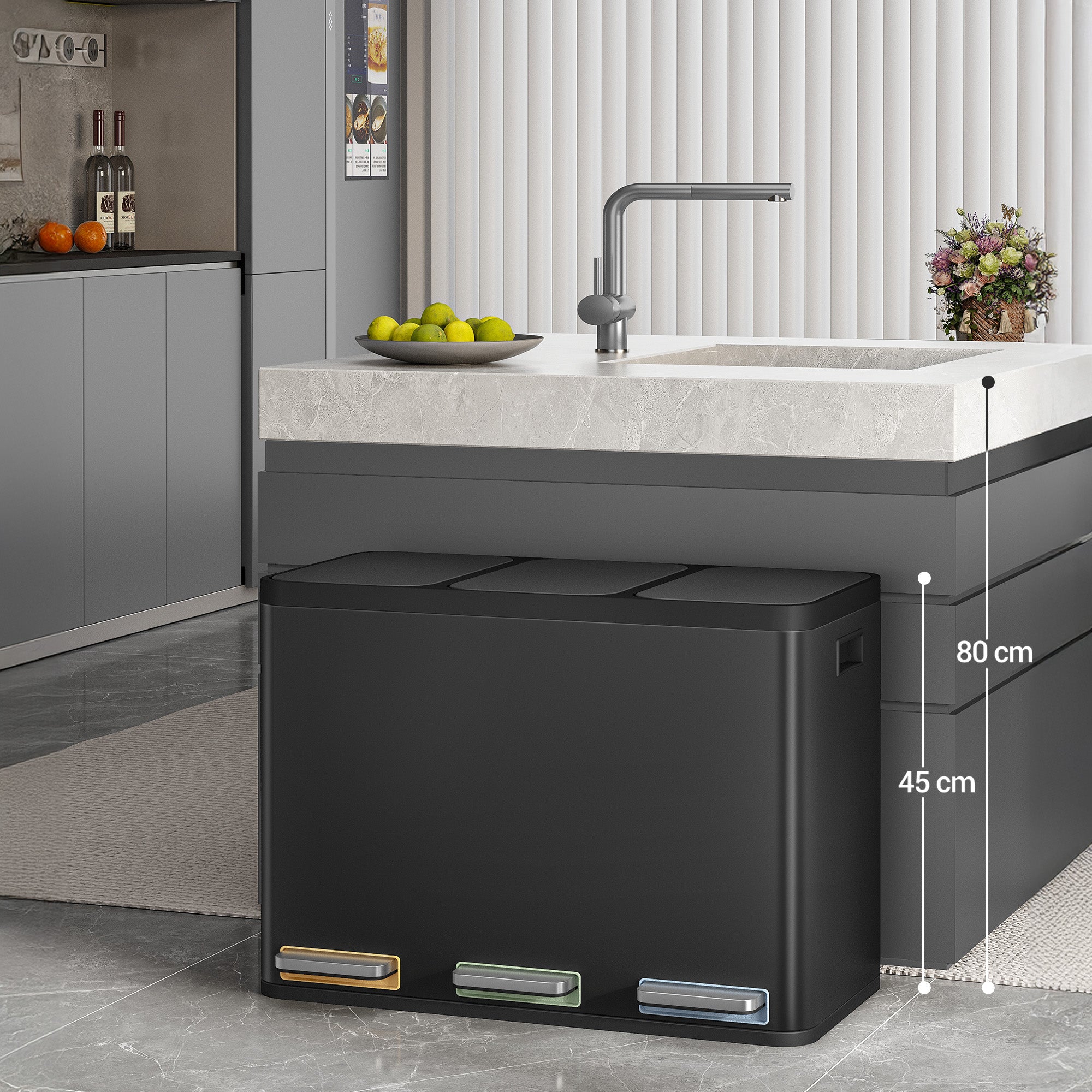Hzuaneri Kitchen Bin, 45L (3 x 15L), Recycling Bin with 3 Compartments, Color-Coded Pedal Bins, Quiet and Slow-Close, with 15 Bin Bags, for Kitchen, Black SW04599B