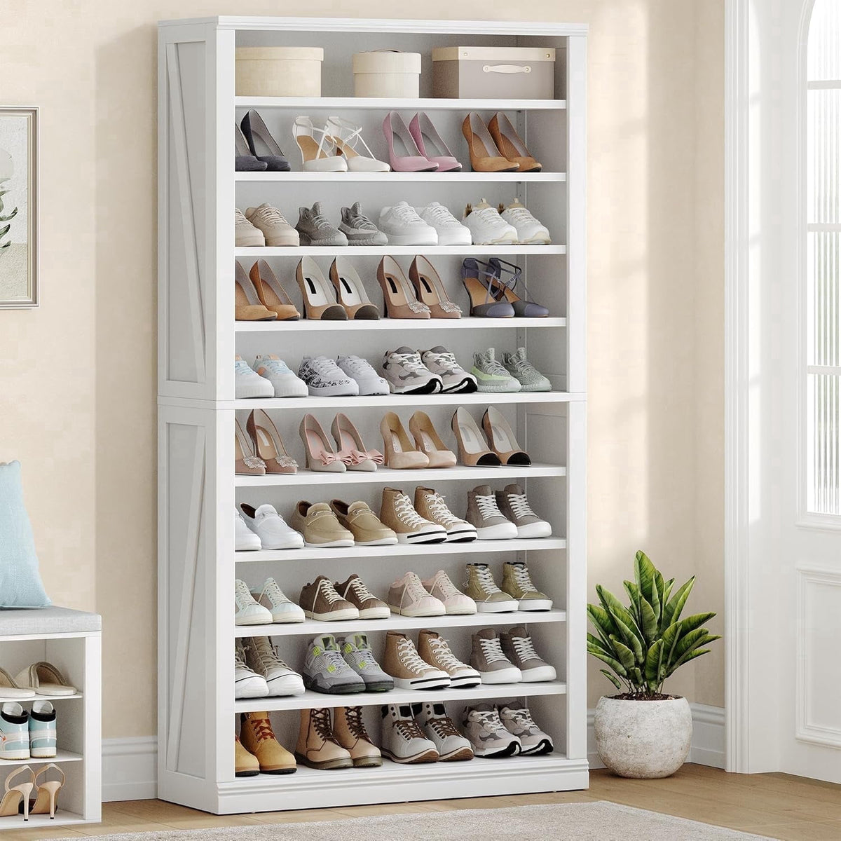 Hzuaneri 71.3" Tall Farmhouse Freestanding Wooden Shoe Storage Cabinet, 10‑Tier Cube Shoe Organizer, Holds 36‑40 Pairs of Shoes, Storage Solution for Entryway & Living Room, White