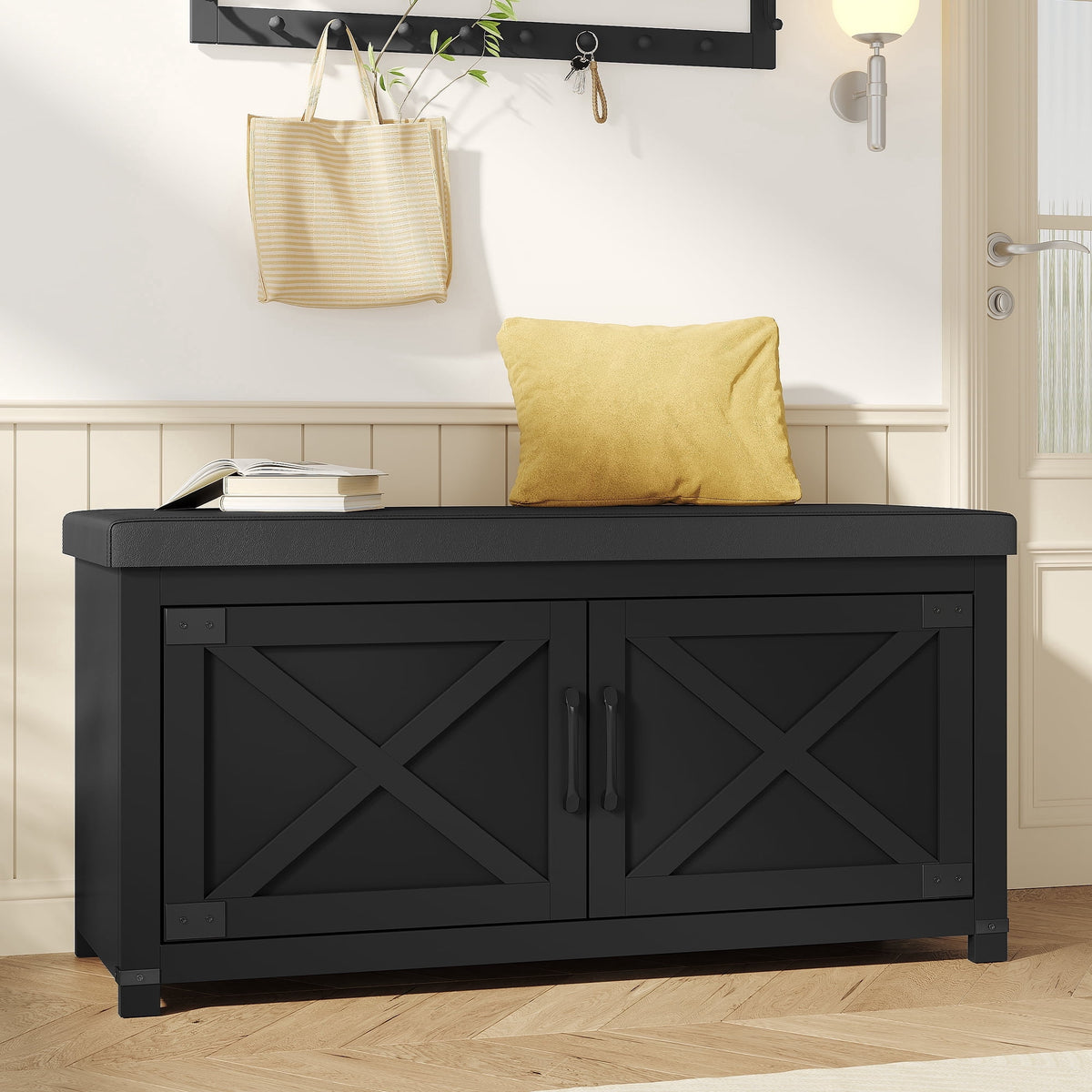 Hzuaneri Shoe Storage Bench, 39.4"W 2‑Tier Farmhouse Entryway Bench for Small Spaces, with Padded Seat Cushion, 2 Barn Doors & Adjustable Shelf, Shoe Cabinet for Living Room Bedroom Hallway, Black