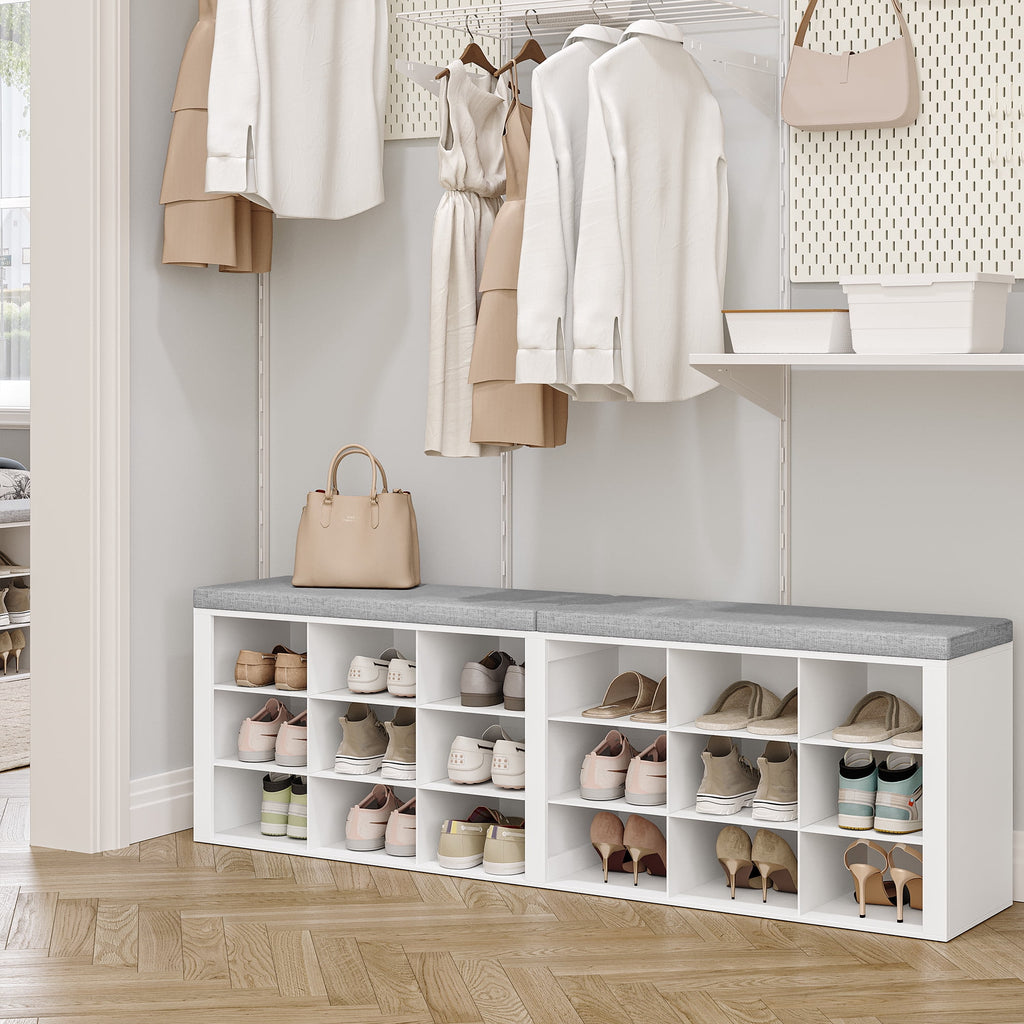 Shoe Storage Bench with Cushion, Entryway Storage Bench with 18 Cubbies, 59" Widened Organizer Cabinet, Long Cubby Rack for Living Room, Bedroom, Entryway, White