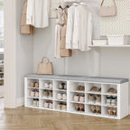 Shoe Storage Bench with Cushion, Entryway Storage Bench with 18 Cubbies, 59" Widened Organizer Cabinet, Long Cubby Rack for Living Room, Bedroom, Entryway, White