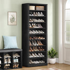 Hzuaneri Farmhouse Tall Shoe Cubby Organizer, 10‑Tier 71.3" H Freestanding Wooden Shoe Storage Rack, Holds 27‑30 Pairs, for Entryway & Living Room, Black