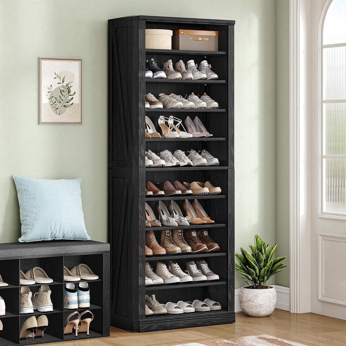Hzuaneri Farmhouse Tall Shoe Cubby Organizer, 10‑Tier 71.3" H Freestanding Wooden Shoe Storage Rack, Holds 27‑30 Pairs, for Entryway & Living Room, Black