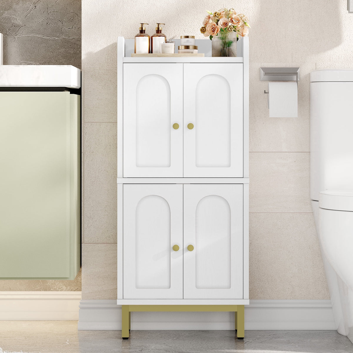 Hzuaneri Bathroom Storage Cabinet, 32.7" H Freestanding Multi‑Room Floor Organizer with 4 Doors & Adjustable Feet for Living Room, Kitchen & Compact Spaces, White