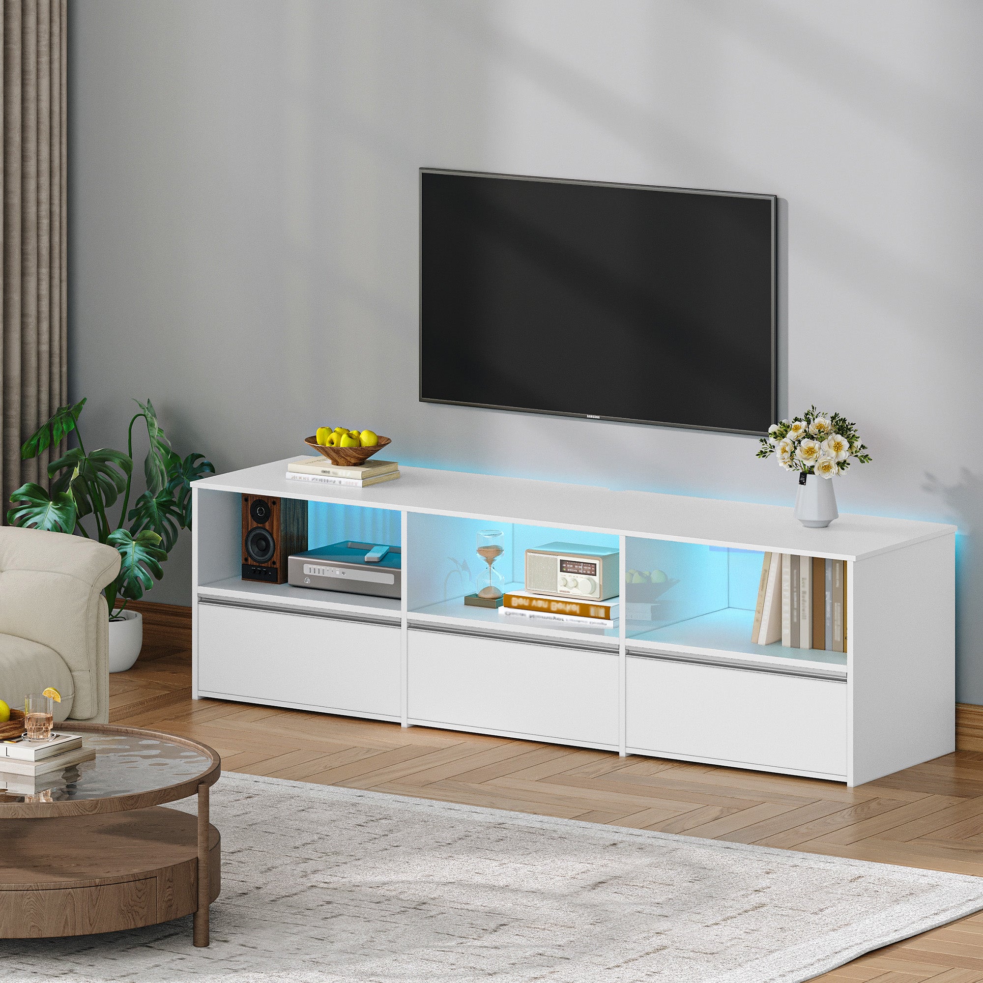 Hzuaneri TV Cabinet with RGB LED Lighting (25 Colours), TV Cabinet for TVs up to 65 Inches 143.5 Long, TV Board with 3 Drawers, 3 Open Compartments for Living Room, Bedroom, White TV16503W