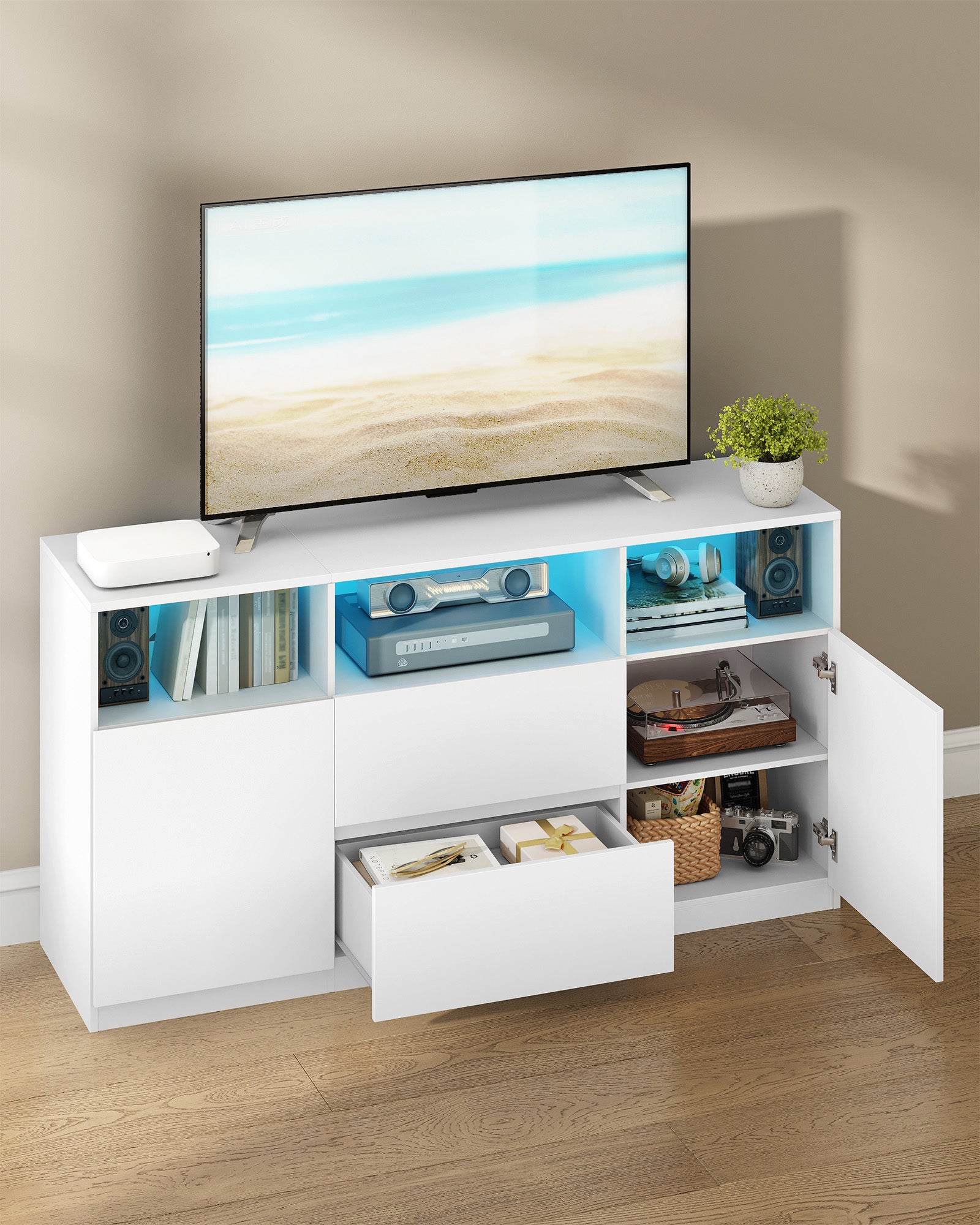 Hzuaneri TV cabinet with RGB LED lighting (25 colors), TV stand for TVs up to 65 inches, sideboard with 2 drawers and 3 open compartments, for living room and bedroom, white TV17003X