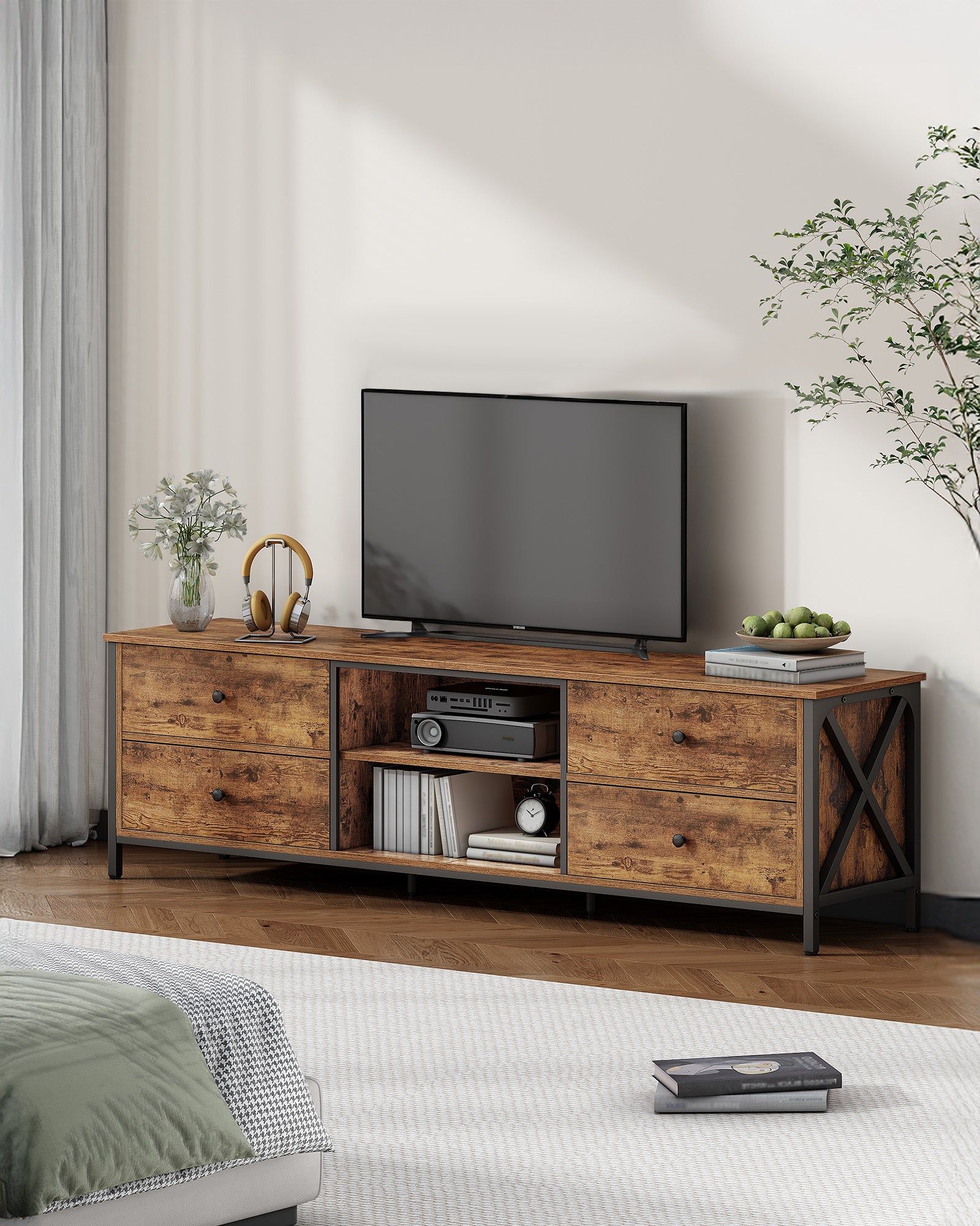 Hzuaneri TV cabinet with 4 drawers, TV stand for TVs under 80 inches, with 2 open compartments, 40 x 178 x 50 cm, TV cabinet for living room, bedroom, vintage brown-black,TV17801B