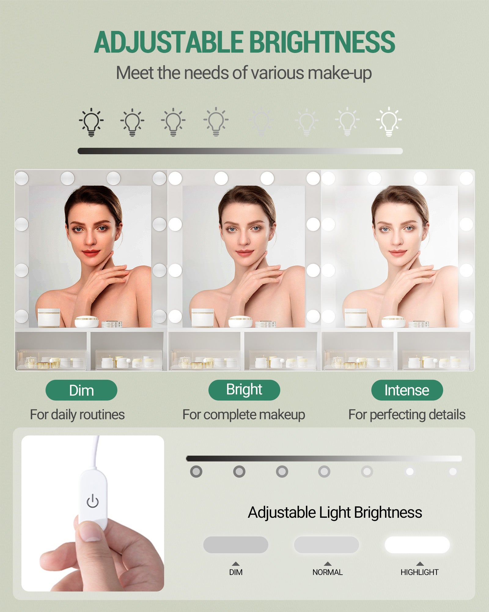 Hzuaneri Dressing Table with 10 LED Lights & Mirror, Large Storage Drawer & Cabinet, 3 Color Modes Vanity Desk