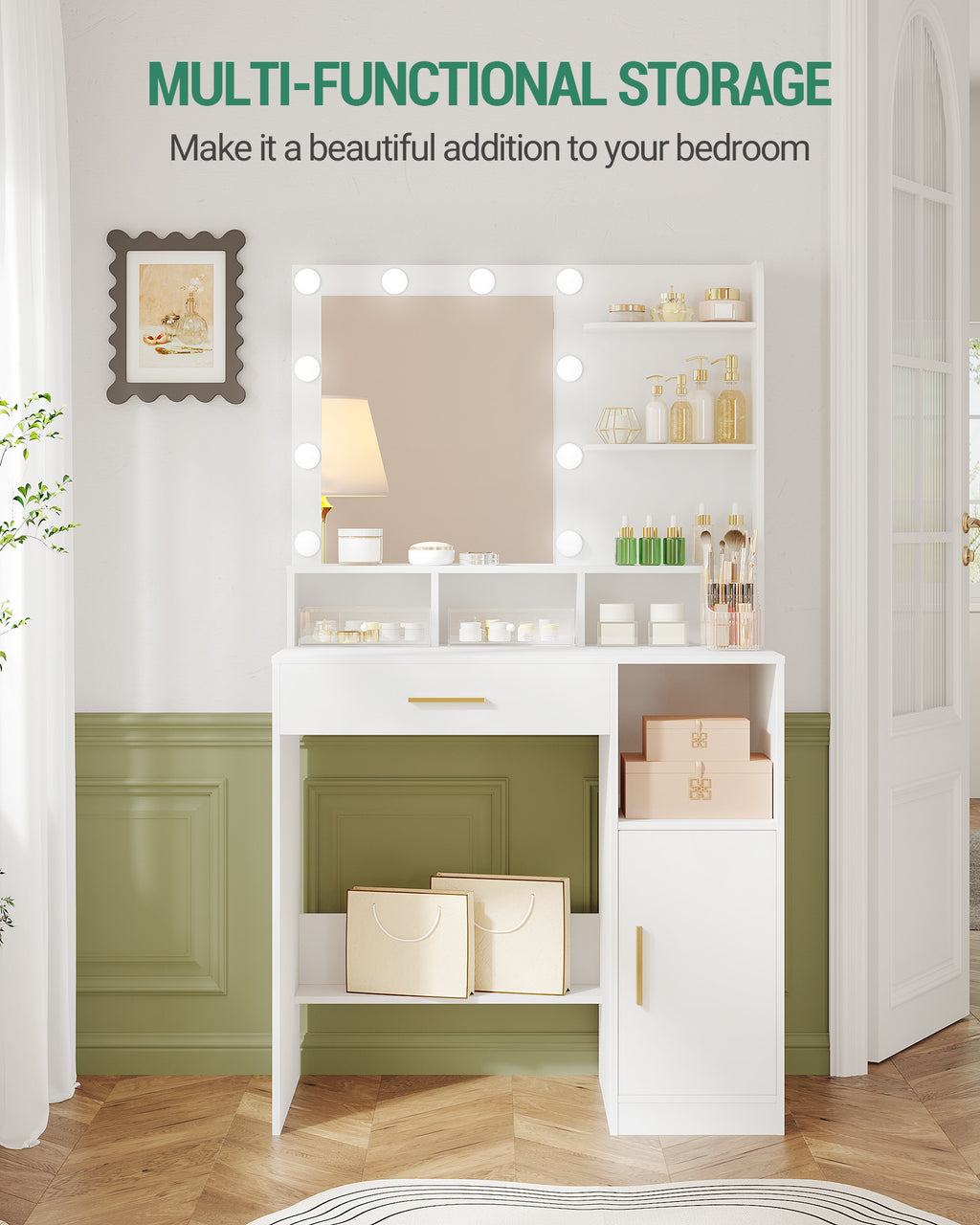 Hzuaneri Dressing Table with 10 LED Lights & Mirror, Large Storage Drawer & Cabinet, 3 Color Modes Vanity Desk