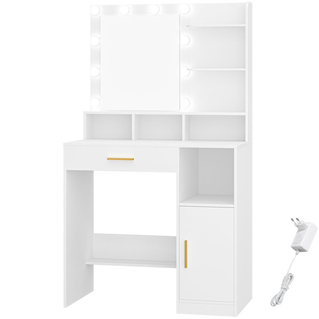 Hzuaneri Dressing Table with 10 LED Lights & Mirror, Large Storage Drawer & Cabinet, 3 Color Modes Vanity Desk