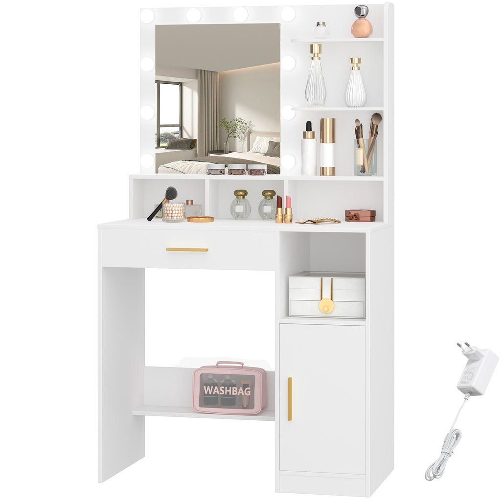 Hzuaneri Dressing Table with 10 LED Lights & Mirror, Large Storage Drawer & Cabinet, 3 Color Modes Vanity Desk