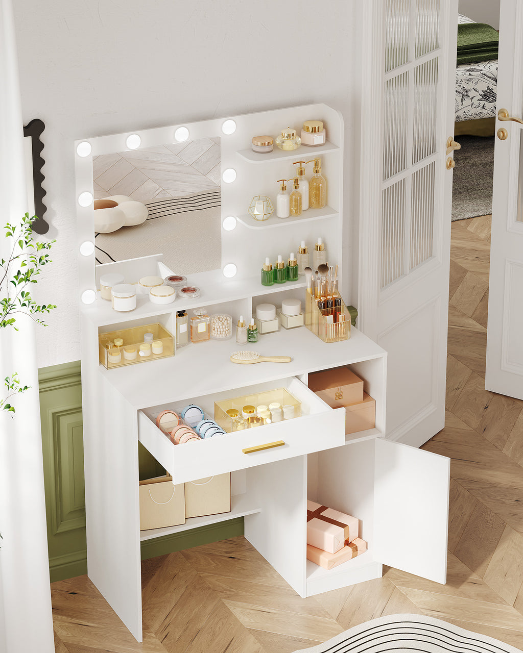 Hzuaneri Dressing Table with 10 LED Lights & Mirror, Large Storage Drawer & Cabinet, 3 Color Modes Vanity Desk